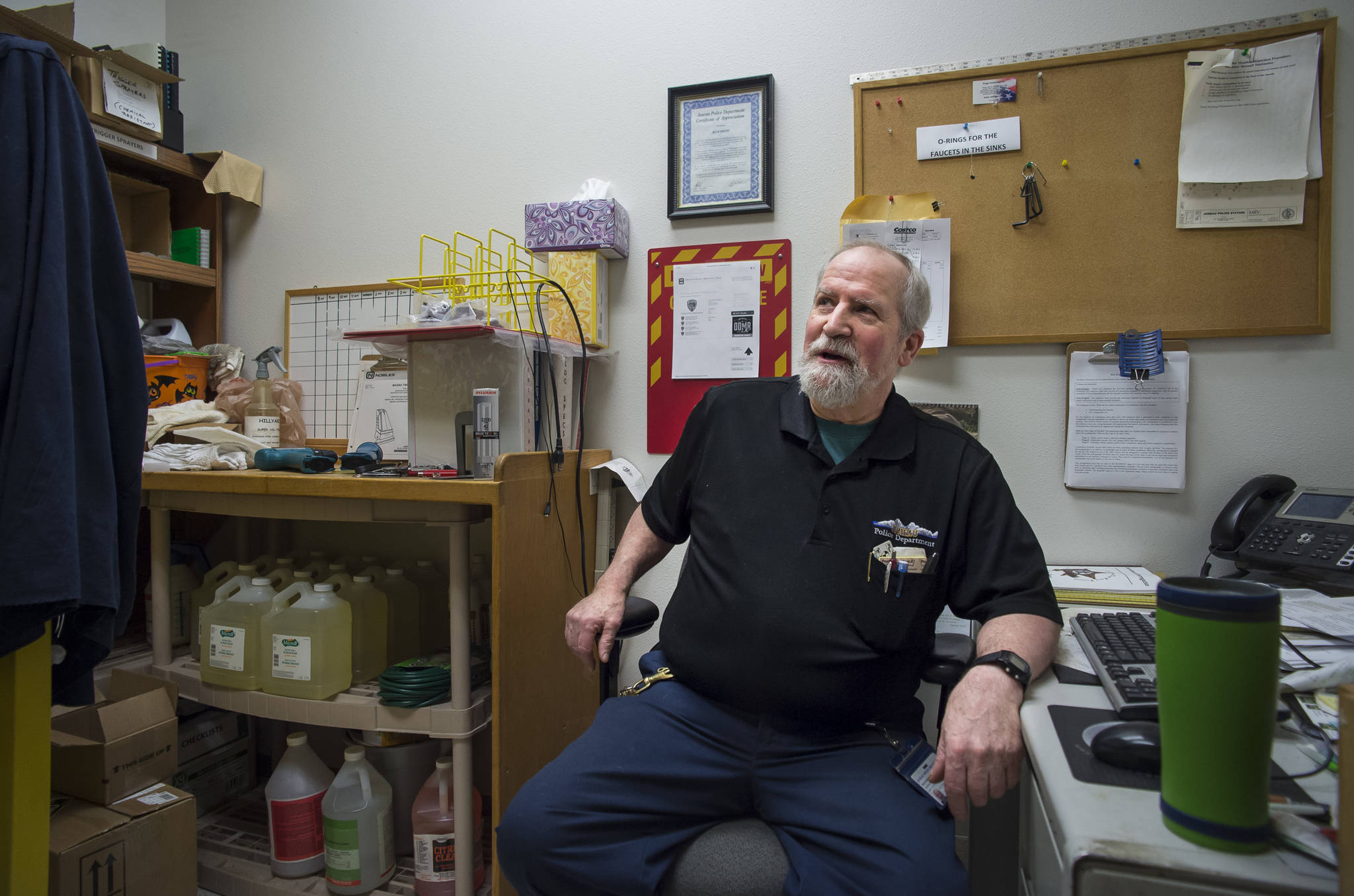 Rick Smith talks about his time as Building Custodian at the Juneau Police Station on Wednesday, May 30, 2018. Smith, who has worked there since the station opened in 2000, retired Thursday, May 31, 2018. (Michael Penn | Juneau Empire)