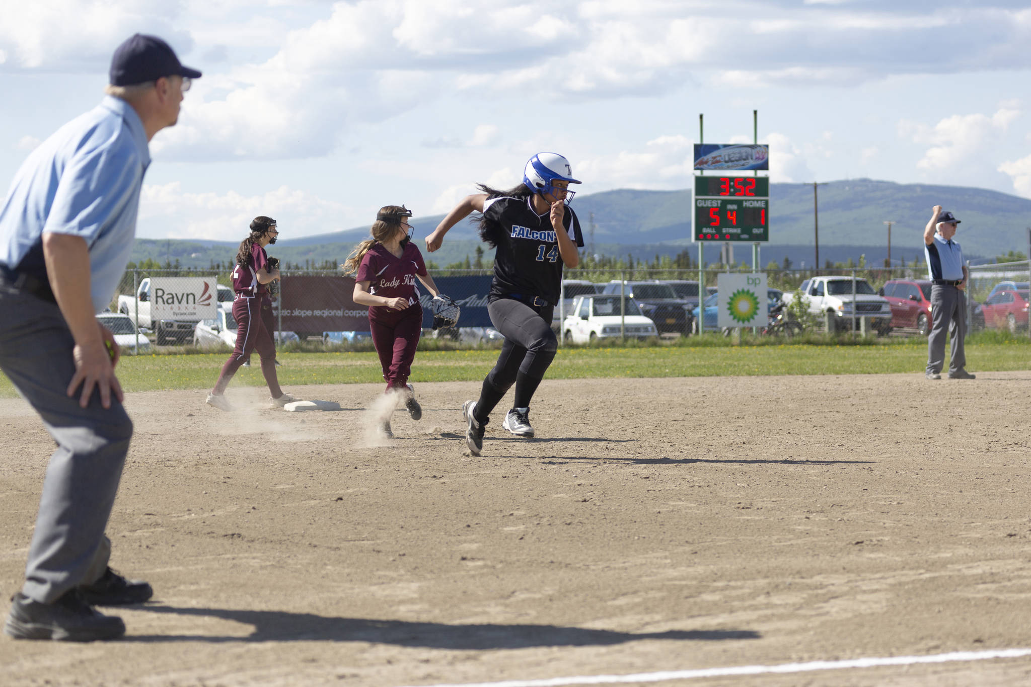 Mariah Tanuvasa Tuvaifale runs to third base during the championship game against Ketchikan for the ASAA Division II state softball tournament in Fairbanks. (Sarah Manriquez | For the Juneau Empire)