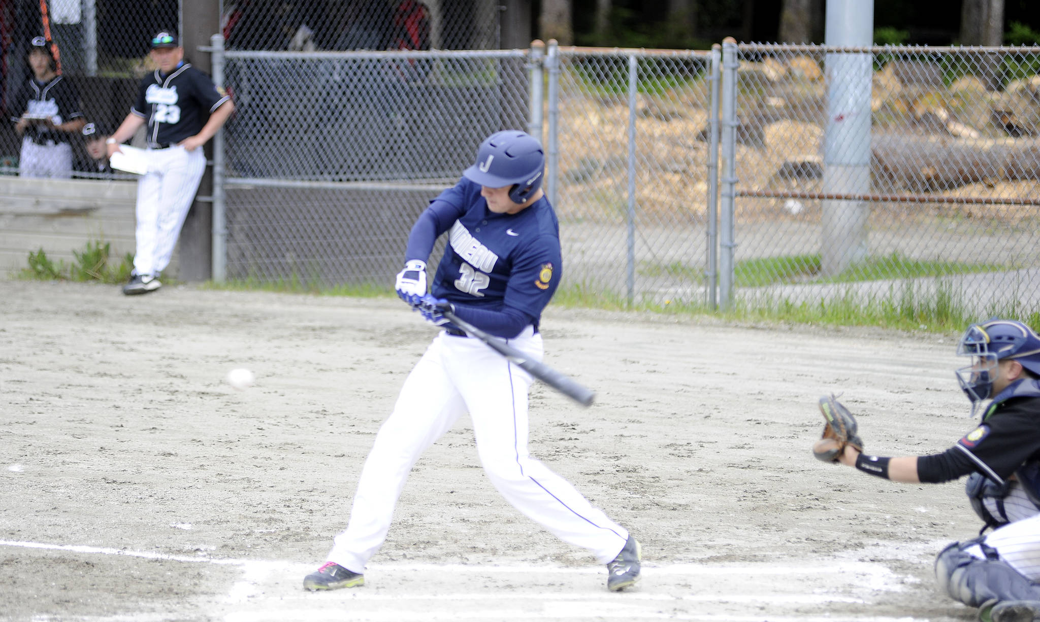 Juneau Post 25’s Bobby Cox lines out to left field in the first inning against Chugiak Post 33 on Saturday. (Nolin Ainsworth | Juneau Empire)