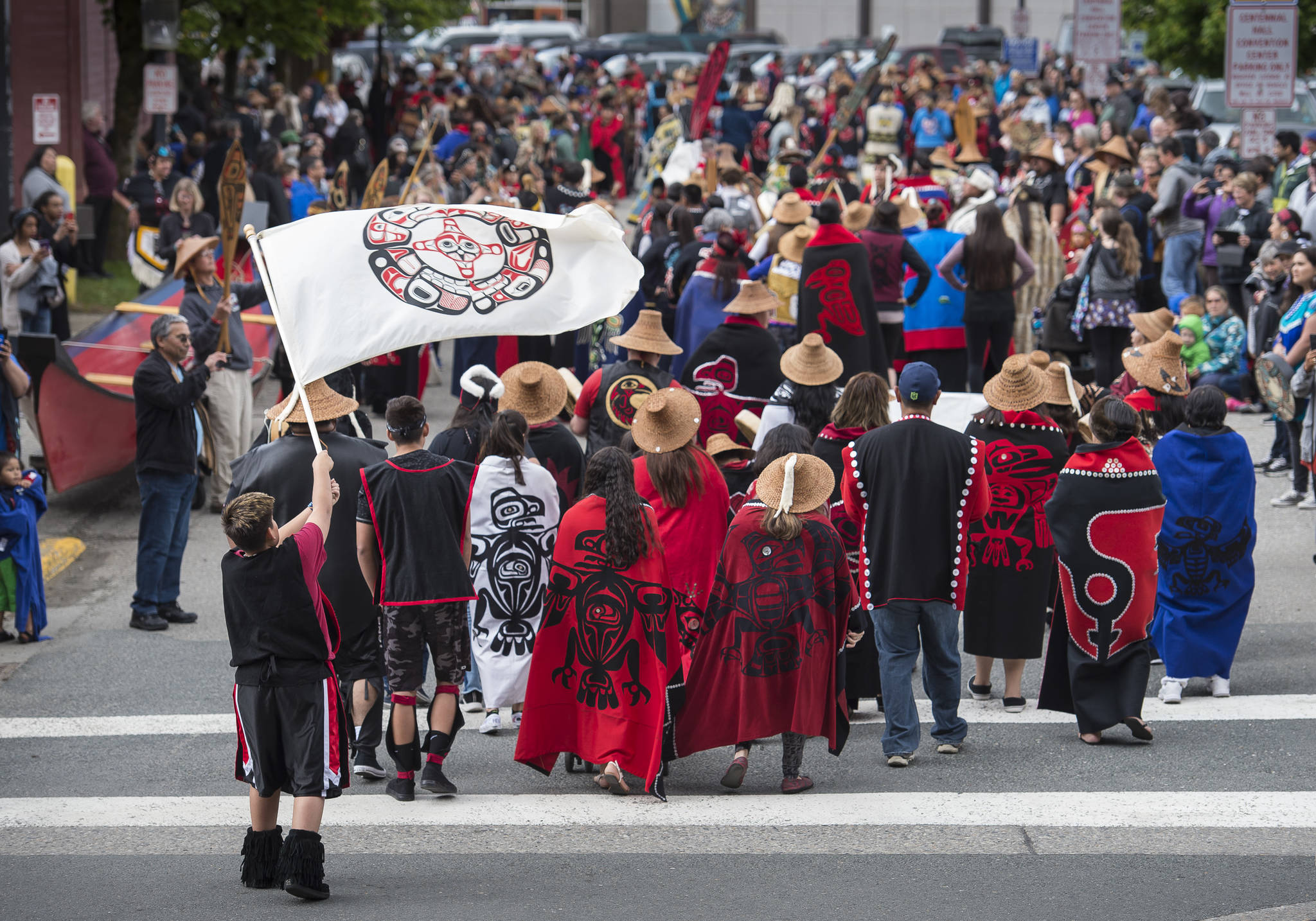 Participating dance groups parade through downtown Juneau on Saturday, June 9, 2018, the last day of Celebration 2018. (Michael Penn | Juneau Empire)