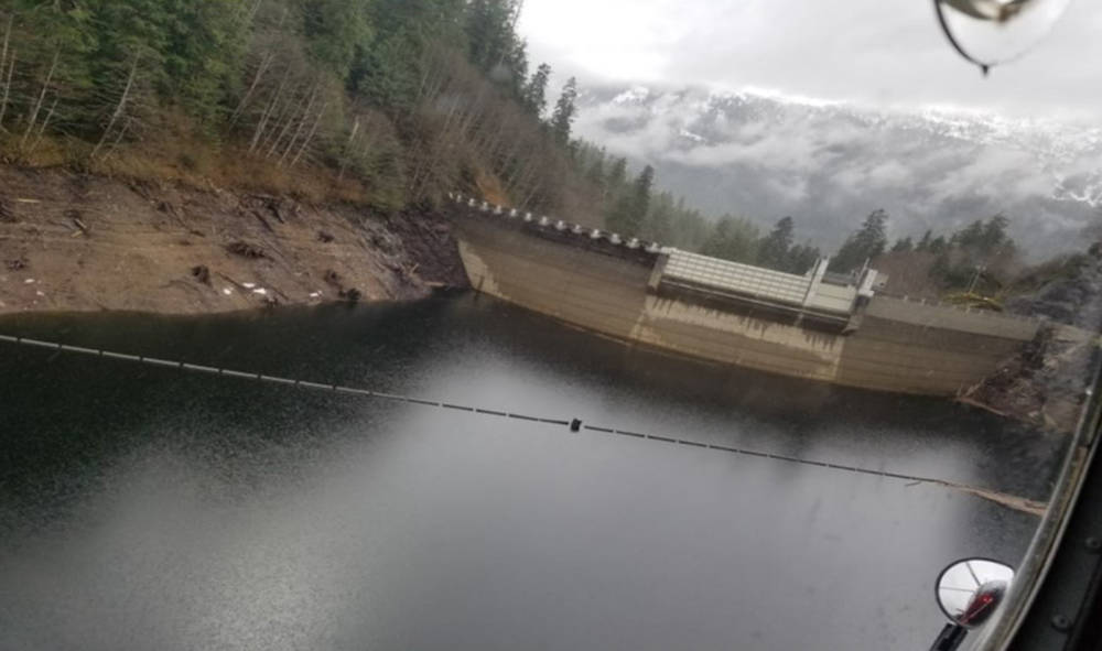 The back side of the Swan Lake reservoir near Ketchikan is seen in an undated photo from winter 2017-2018 provided by the Southeast Alaska Power Agency to the National Weather Service. At the time, water levels at Swan Lake were so low that hydropower production stopped, forcing Ketchikan to rely on diesel generation. (Courtesy photo)