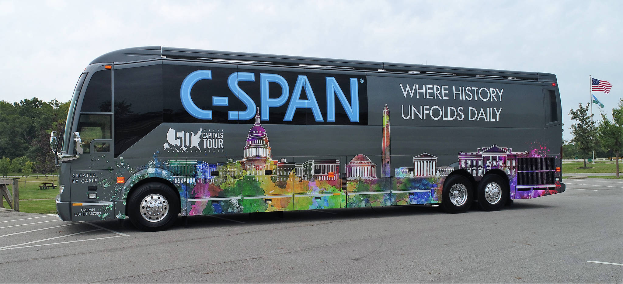 The C-SPAN traveling bus is seen in a 2017 file photo from the organization. The bus, and a team of seven people, will be visiting Juneau next week as part of a nationwide tour. (Courtesy photo)