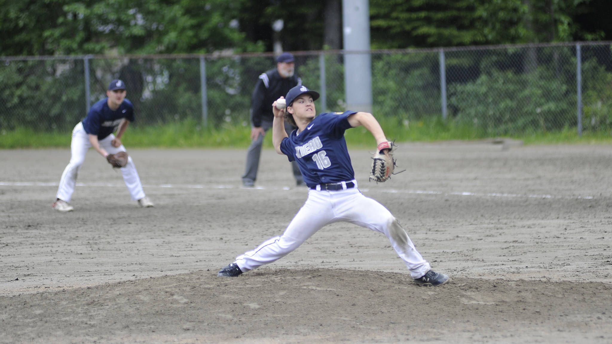 Juneau Post 25&rsquo;s Donavin McCurley pitches against East Post 34 in the in the fifth inning at Adair-Kennedy Memorial Field on Saturday. (Nolin Ainsworth | Juneau Empire)