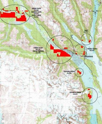 The University of Alaska has passed a proposal to log areas near Haines and Klukwan (pictured in red) over the next 10 years. (Photo courtesy University of Alaska)