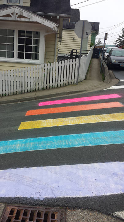 The crosswalk at Seventh and Gold Street in May 2017 before being painted back to white by the City and Borough of Juneau. (Susan Warner | Courtesy Photo)