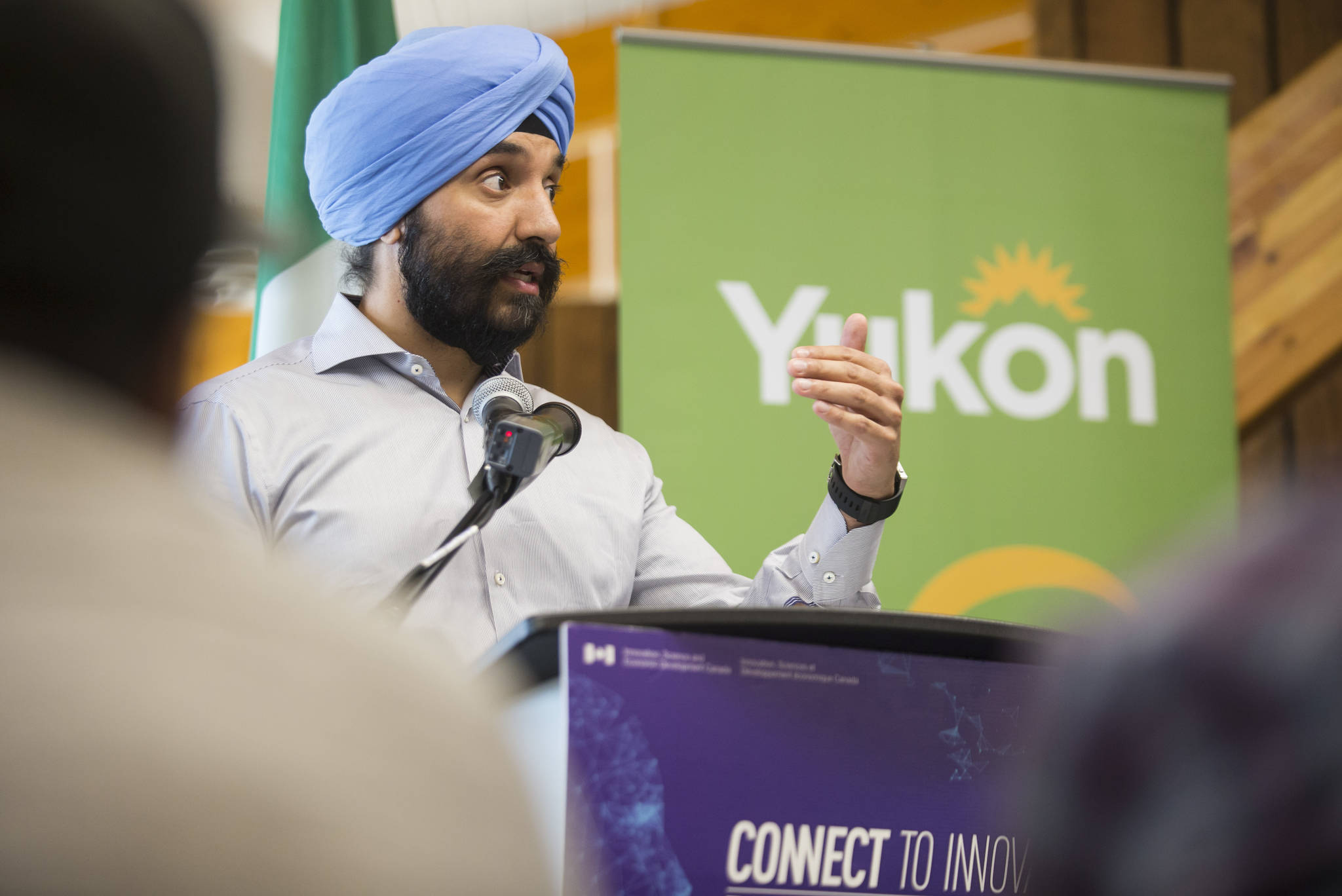 Navdeep Bains, Minister of Innovation, Science and Economic Development, talks during the announcement of a new northern internet fiber-optic link while in Whitehorse on June 20, 2018. (Crystal Schick | Yukon News)