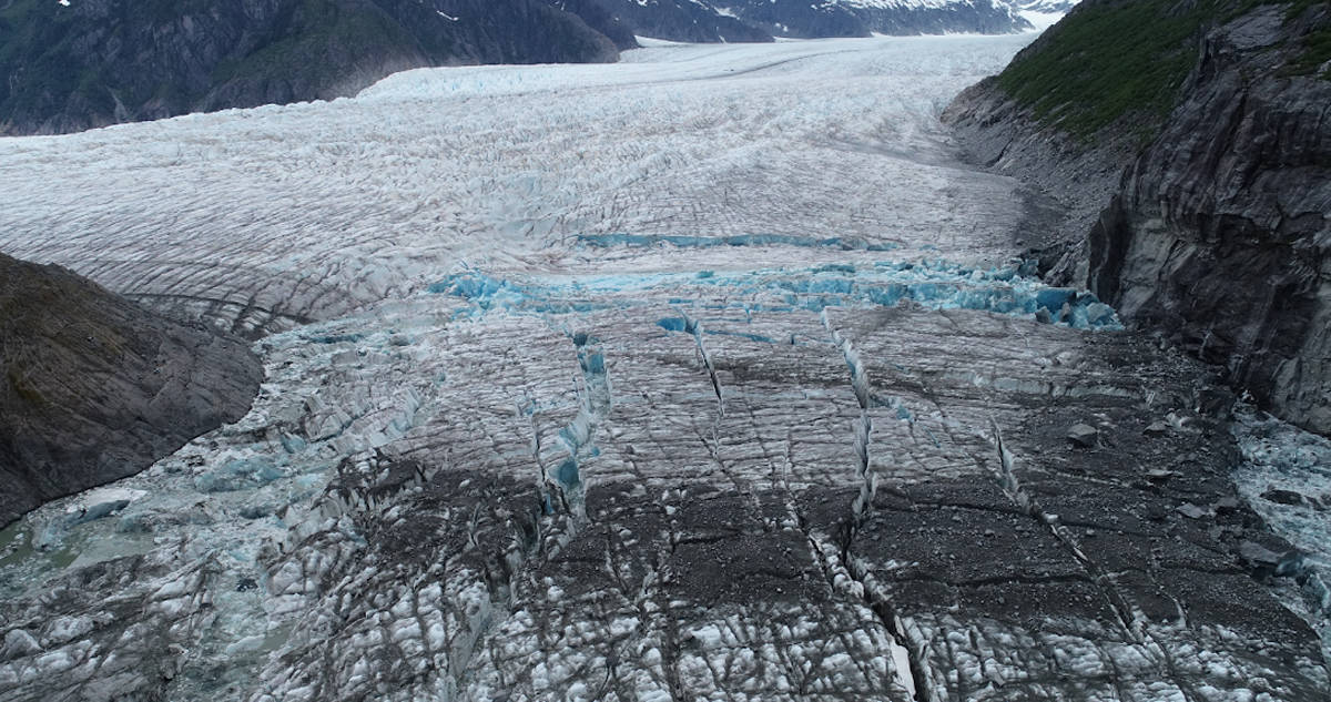 This image, taken by an aerial drone and provided to the Empire by the National Weather Service Forecast Office in Juneau, shows Suicide Basin on the Mendenhall Glacier after a calving event triggered expectations of a flood along the Mendenhall River on June 25, 2018. (Courtesy photo)