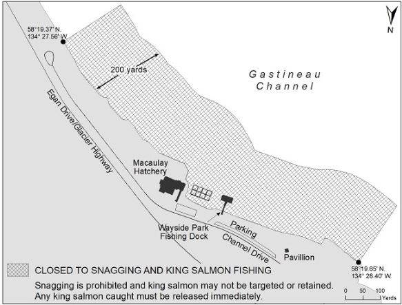 A map of the area near Macauley Hatchery that will be closed to king salmon sport fishing and snagging Sunday at 12:01 a.m. (ADFG)
