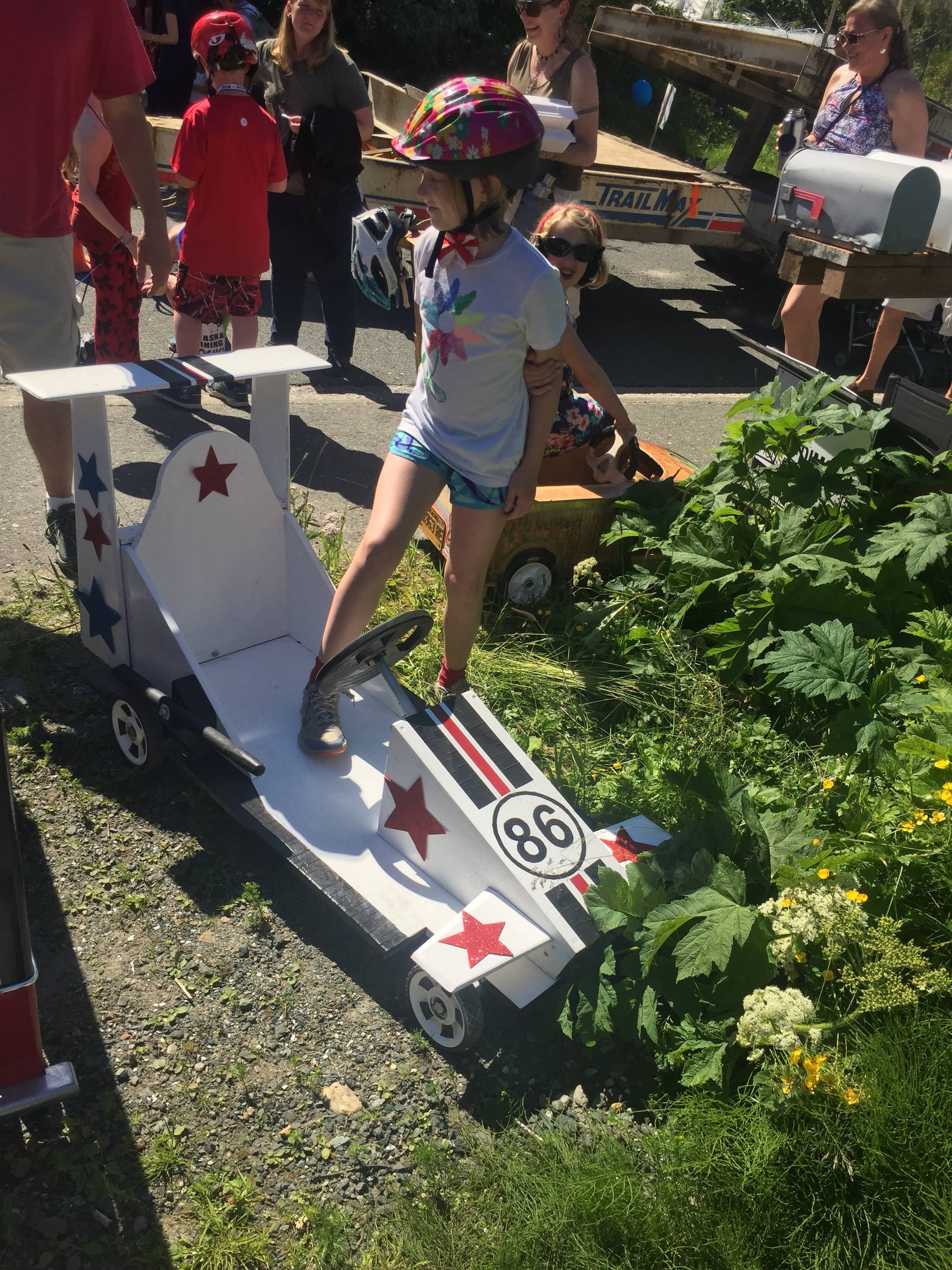 Brynne Loggy-Smith, 10, gears up for the 2018 Soapbox Challenge on St. Ann&rsquo;s Avenue. (Nolin Ainsworth | Juneau Empire)