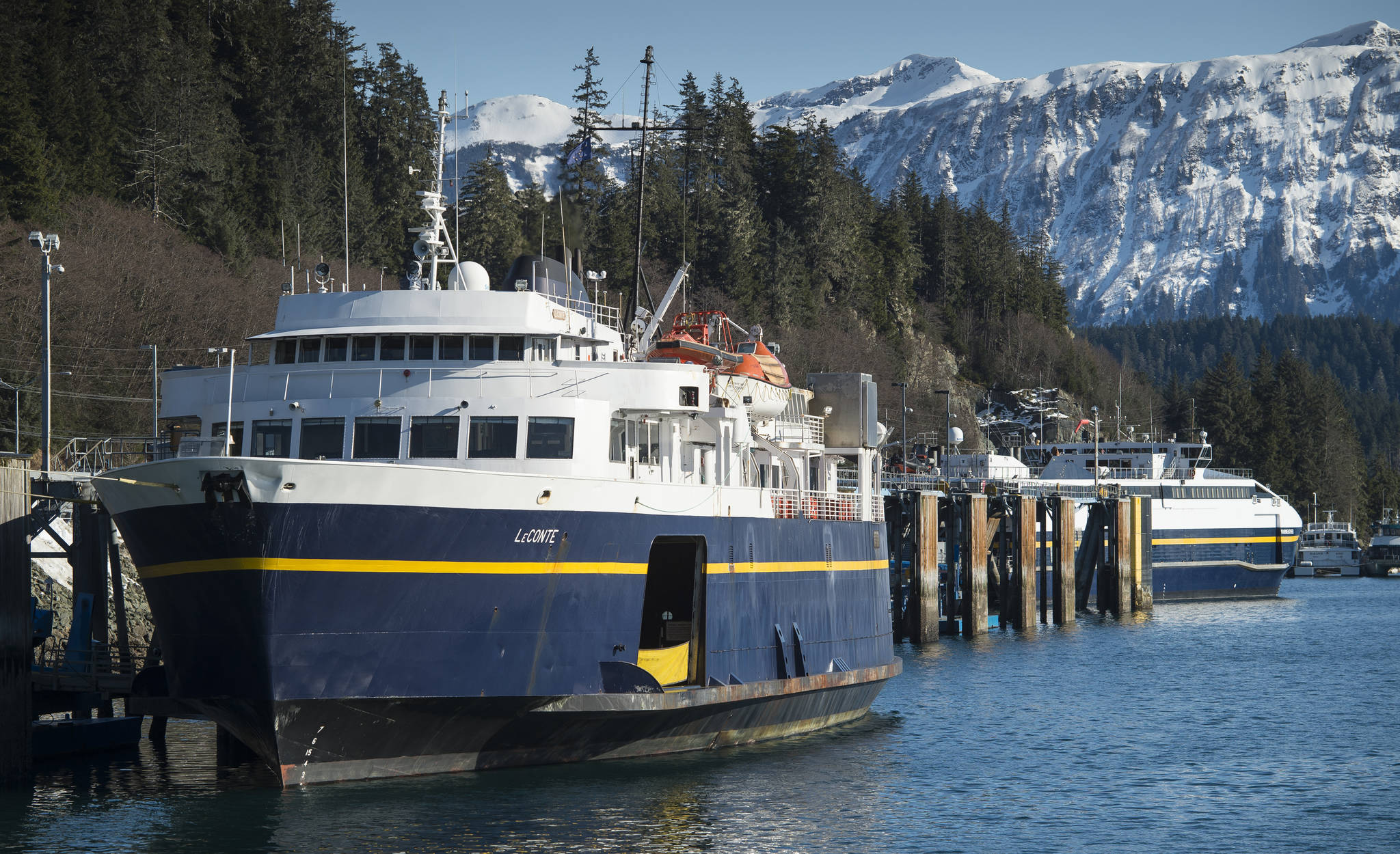 The Alaska Marine Highway System ferries LeConte, left, and Fairweather at the Auke Bay Terminal on Monday, March 5, 2018. (Juneau Empire file)