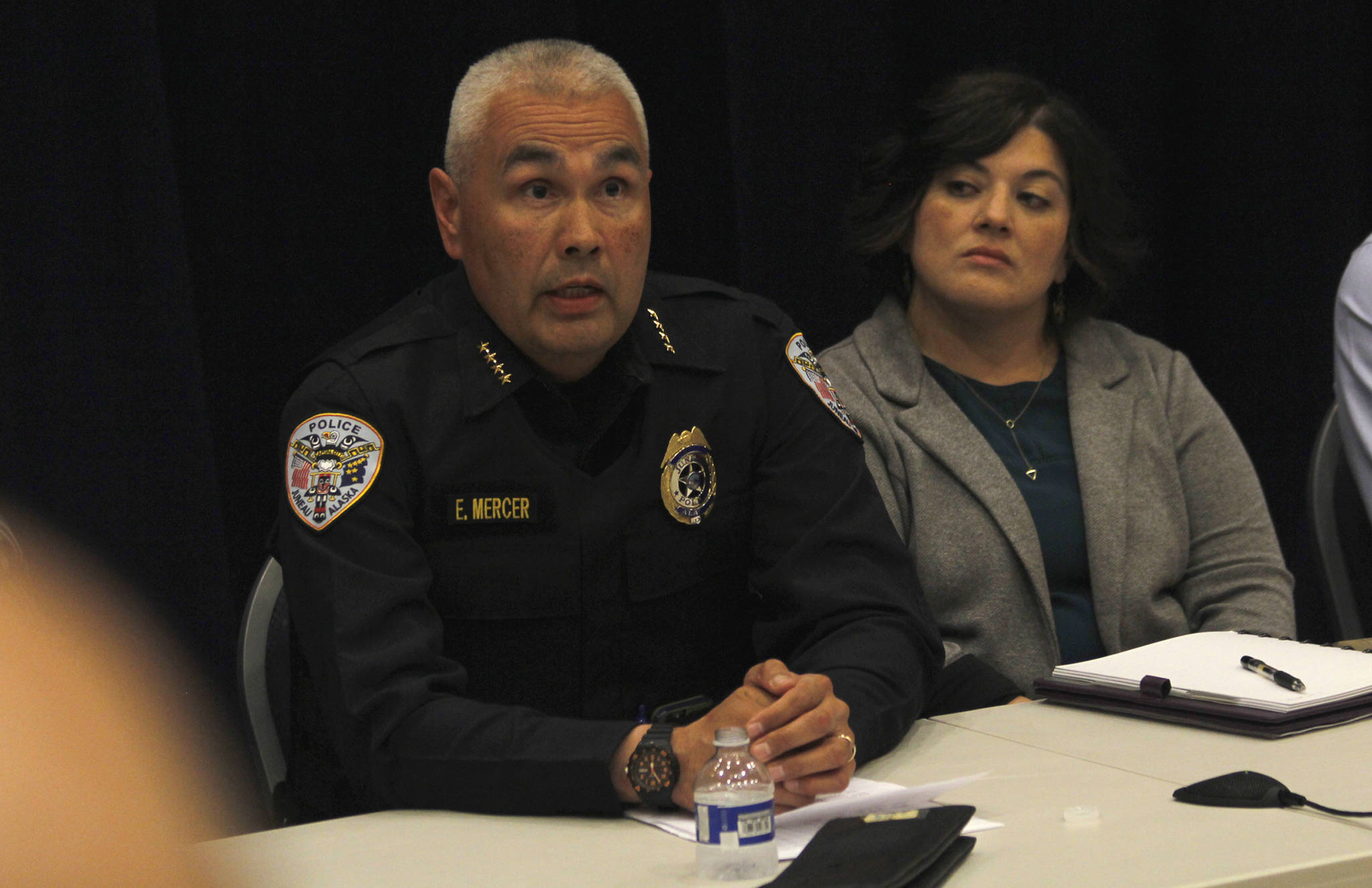 Juneau Police Department Chief Ed Mercer speaks at a special meeting of the Uptown Neighborhood Association on Tuesday, July 10, 2018. (Alex McCarthy | Juneau Empire)