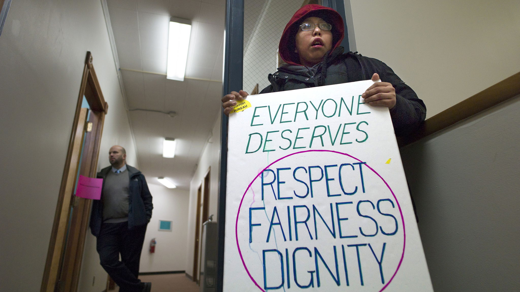 Lisa Williams waits to speak to the Juneau Assembly as they take up a homeless camping ordinance during their meeting on Monday, Jan. 23, 2017. Williams said she has been homeless for the last year. (Michael Penn | Juneau Empire)