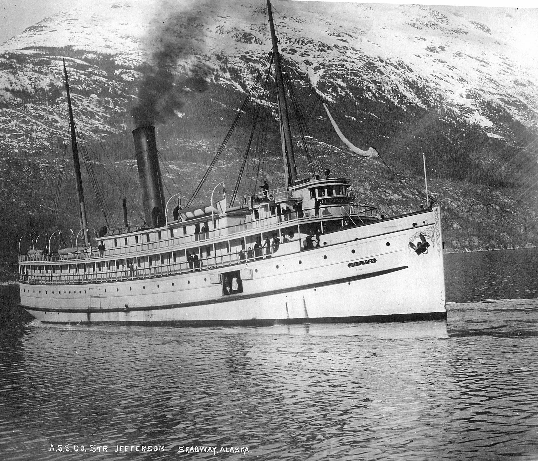 The Alaska Steamship Comany’s S.S. Jefferson coming to dock at the Moore Whalf in Skagway. The steamer was one of many early cruise ships visiting Skagway. Image courtesy of the Klondike Gold Rush National Historical Park, from the Candy Waugaman Collection, KLGO TS-206-8919.