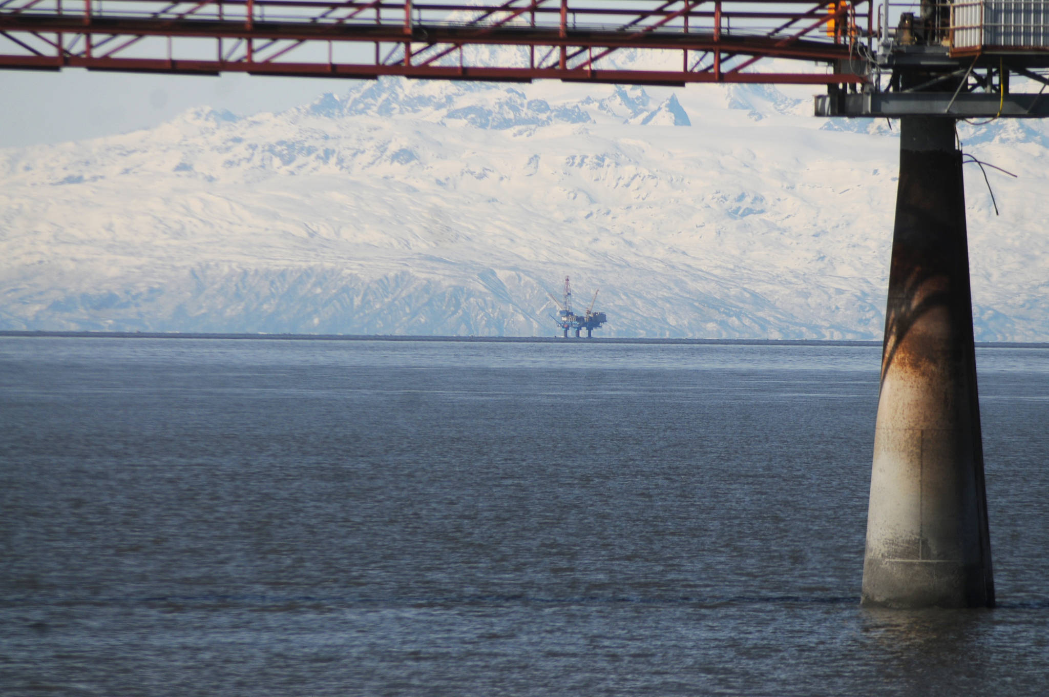 This March 31, 2018 photo shows an offshore drilling platform in Cook Inlet from a beach in Nikiski, Alaska. (Elizabeth Earl | Peninsula Clarion)
