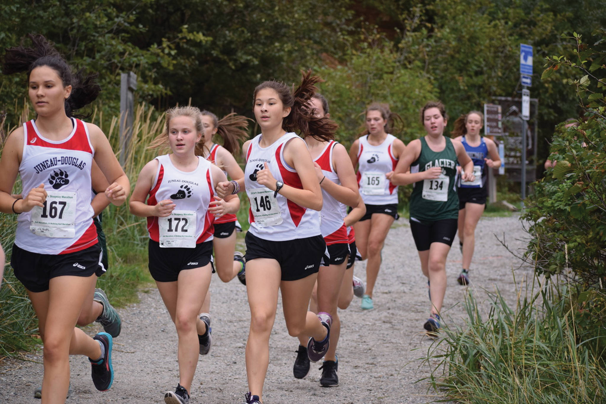 JDHS’ Lila Quigley, Shelby York and Becky Grube compete in the Skagway Invitational on Saturday. (Dan Fox | The Skagway News)