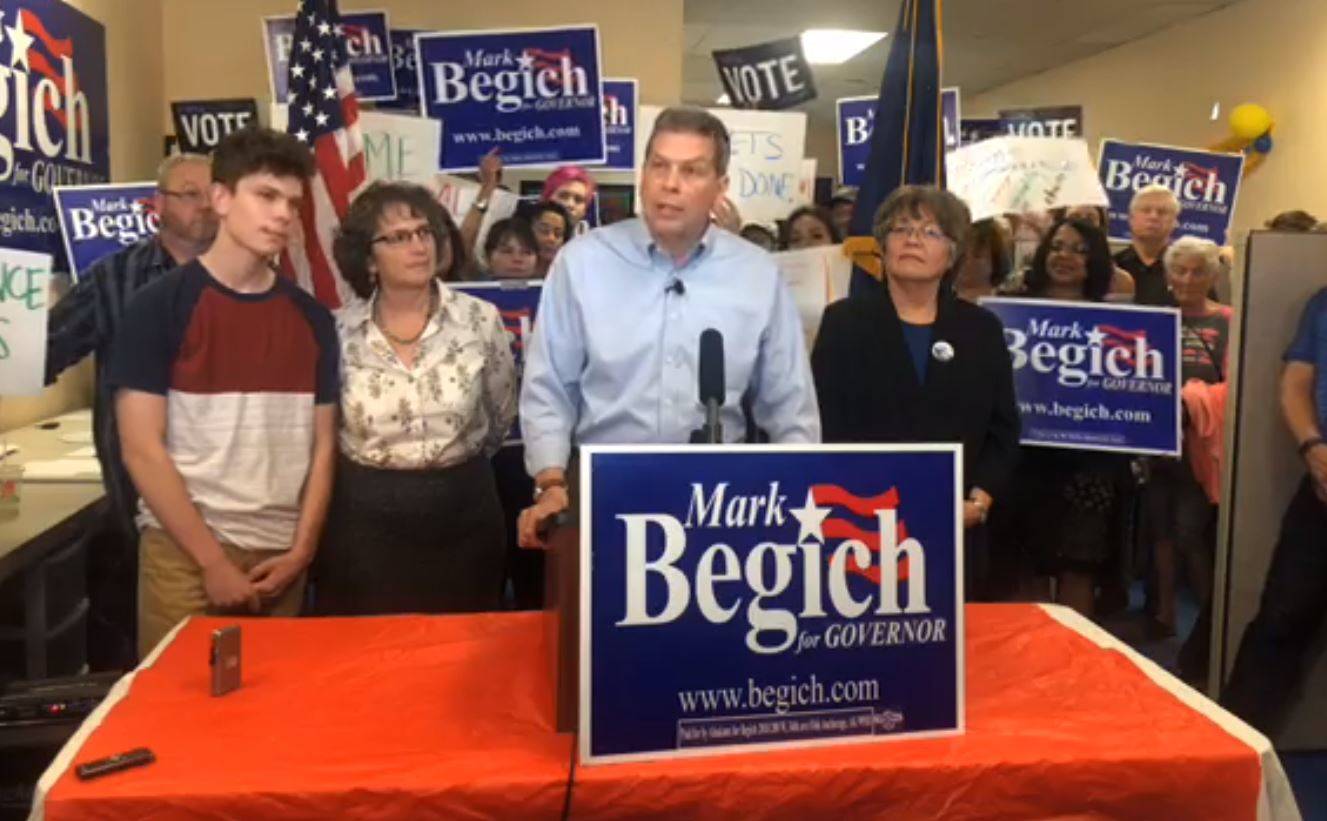 Mark Begich, Democratic candidate for Alaska governor, announces in a Facebook video Tuesday, Sept. 4, 2018 that he will not withdraw from the race for governor, setting up a three-way general election contest between himself, Republican Mike Dunleavy and independent incumbent Gov. Bill Walker. (Screenshot)