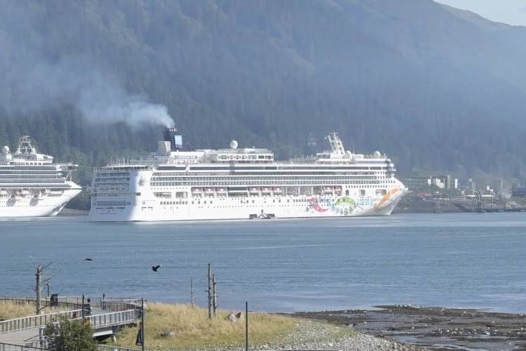 The Norwegian Pearl cruise ship, seen docking in Juneau on Tuesday in a screenshot from an Empire video. (Michael Penn | Juneau Empire)