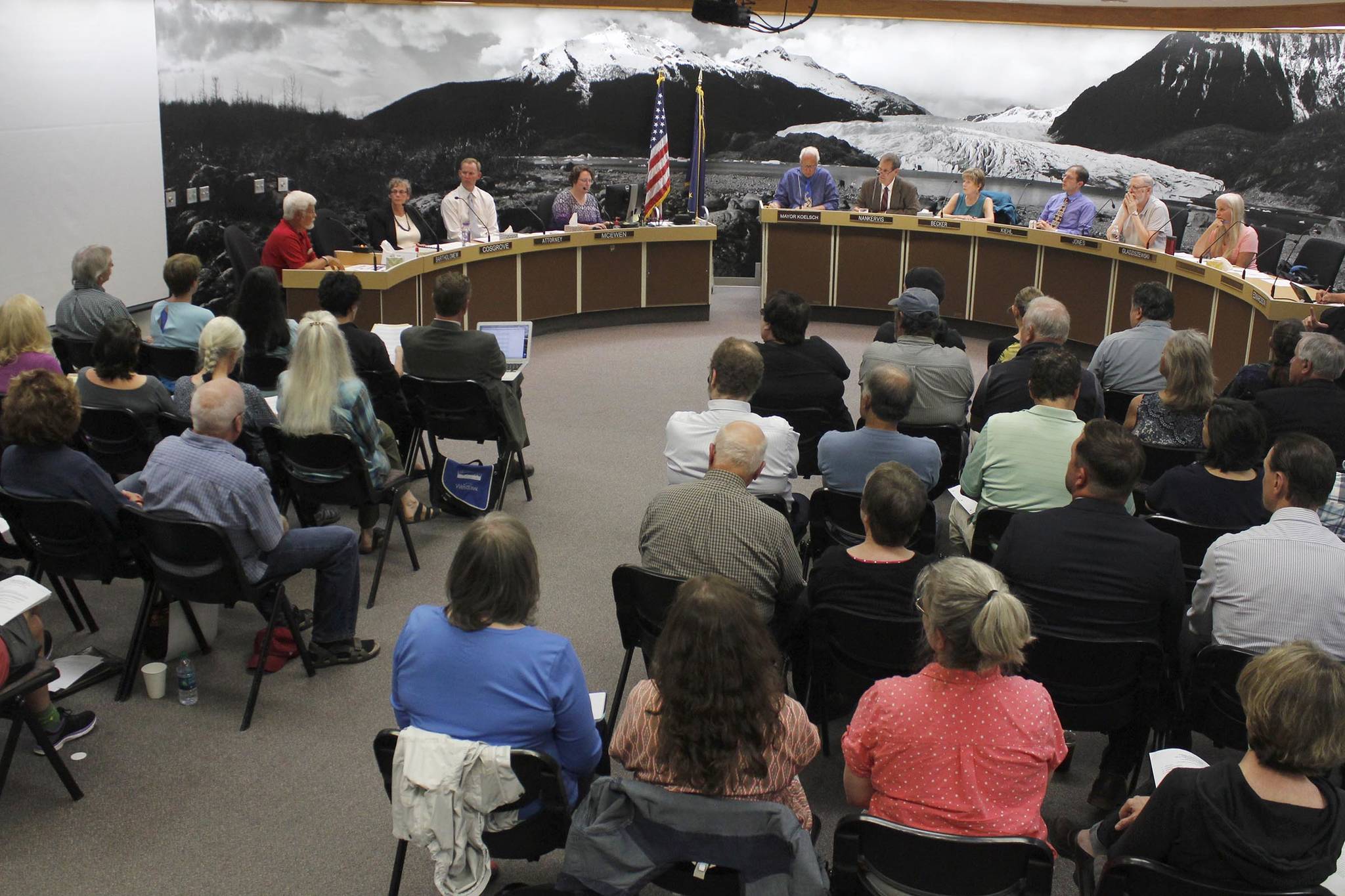 Former University of Alaska Southeast Chancellor John Pugh speaks to the City and Borough of Juneau Assembly Committee of the Whole on Monday, Aug. 20, 2018. (Alex McCarthy | Juneau Empire File)