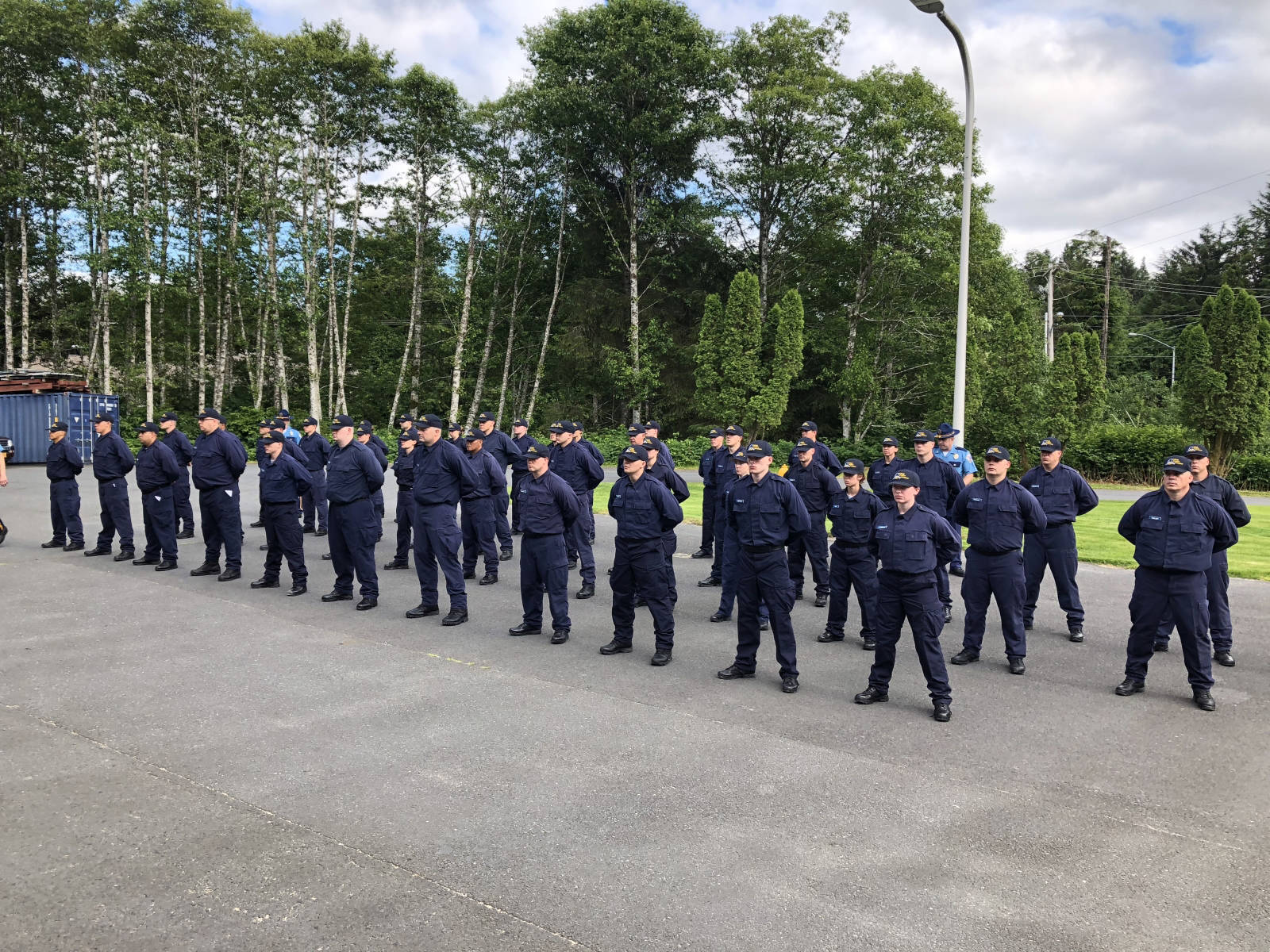 Alaska Law Enforcement Training Academy recruits stand at attention on July 30, 2018, the first day of training at the Public Safety Training Academy in Sitka, Alaska. (Alaska State Troopers photo)