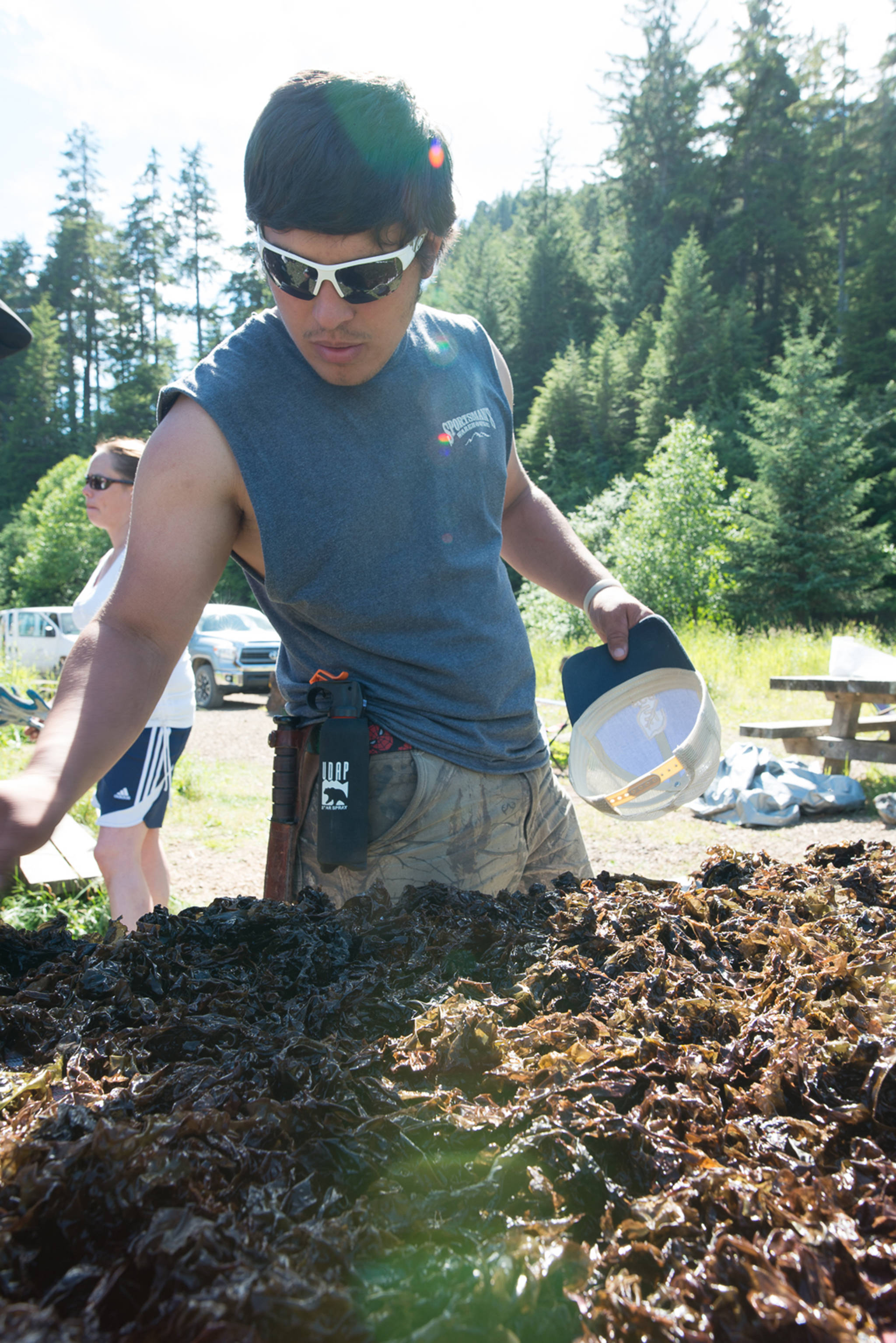 TRAYLS member Samuel Sheakley tends to a table of black seaweed laying in the sun to dry. Culture camp participants processed and dried the seaweed for consumption later. (Courtesy Photo | Ian Johnson)