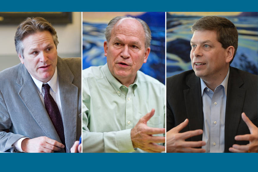 From left to right, Republican Mike Dunleavy, independent Bill Walker and Democrat Mark Begich are seen in a composite file image. The three men appeared in a Ketchikan forum hosted by Southeast Conference on Wednesday afternoon. (Juneau Empire composite image)