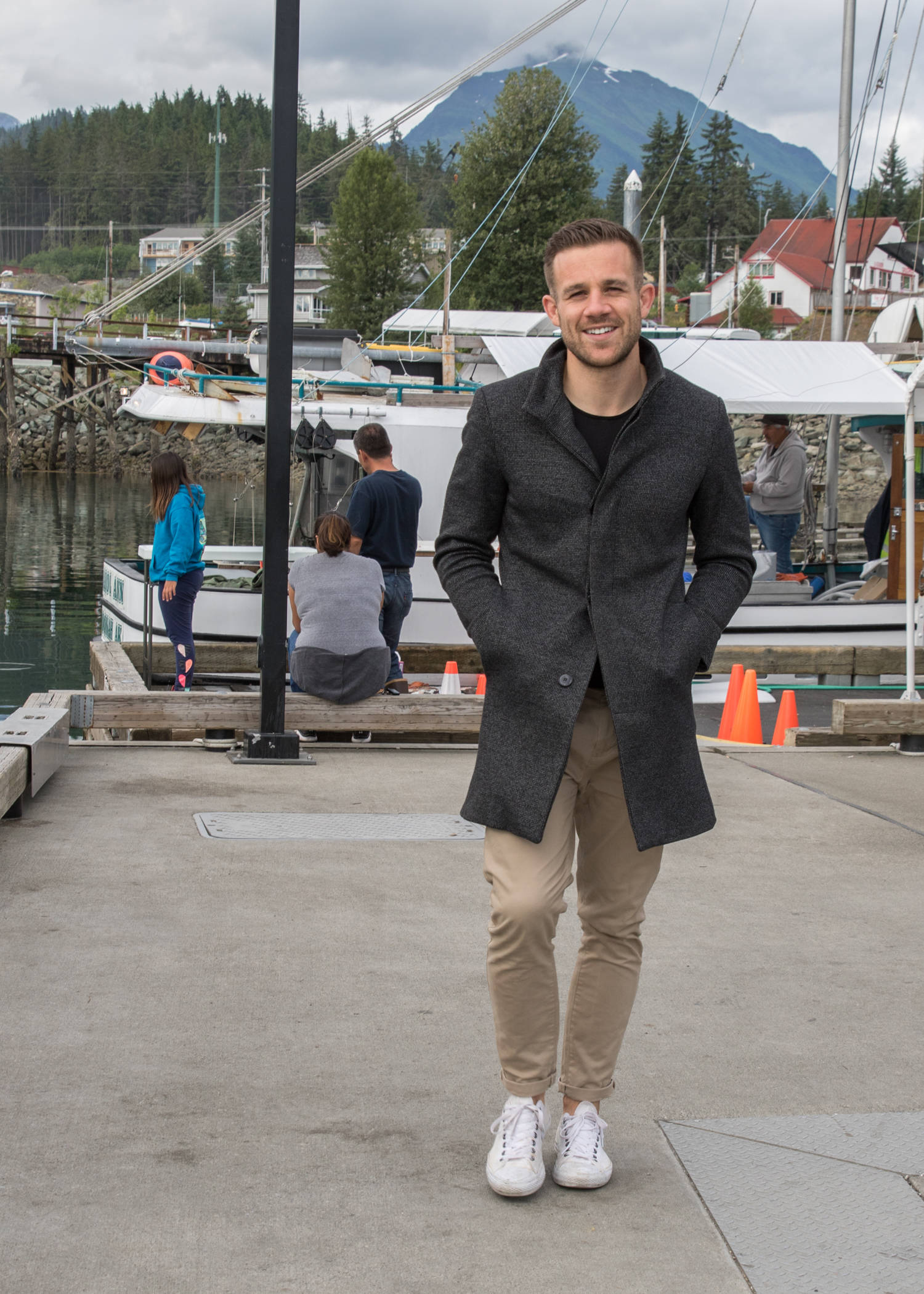 Style doesn’t have to be complicated. Matt Weighman, a visitor from the UK, keeps it simple by wearing a woven grey Zara Man jacket over a black T-shirt and slim-fit khaki jeans with rolled up cuffs.