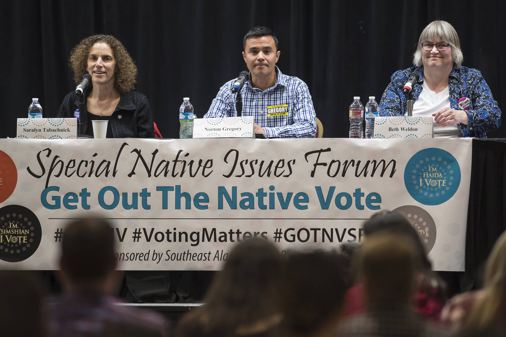 Mayoral candidates Saralyn Tabachnick, left, Norton Gregory, center, and Beth Weldon answers questions during a Special Native Issues Forum at the Elizabeth Peratrovich Hall on Tuesday, Sept. 18, 2018. (Michael Penn | Juneau Empire)