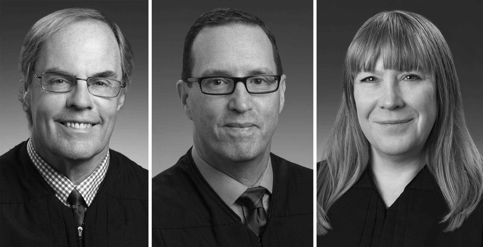 From left to right, Ketchikan Superior Court Judge William Carey, Ketchikan District Court Judge Kevin Miller and Juneau District Court Judge Kirsten Swanson are seen in their official judicial portraits provided by the Alaska Court System. All three judges are on the ballot this fall in Southeast Alaska. (Juneau Empire composite)