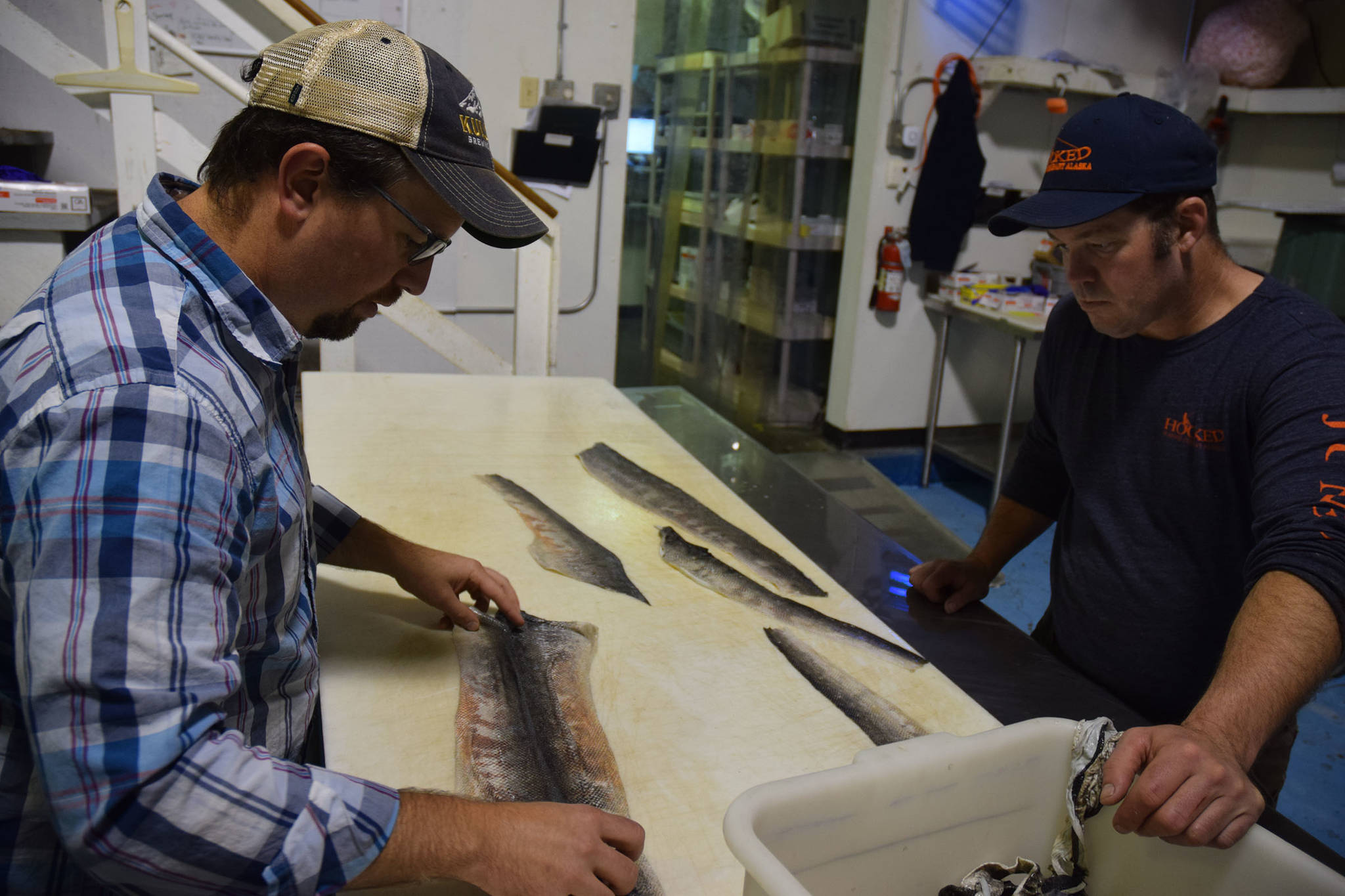 Zach Wilkinson of Tidal Vision sorts through salmon skins with and Brad Robbins, owner of Hooked Seafood Company Alaska. (Kevin Gullufsen | Juneau Empire)