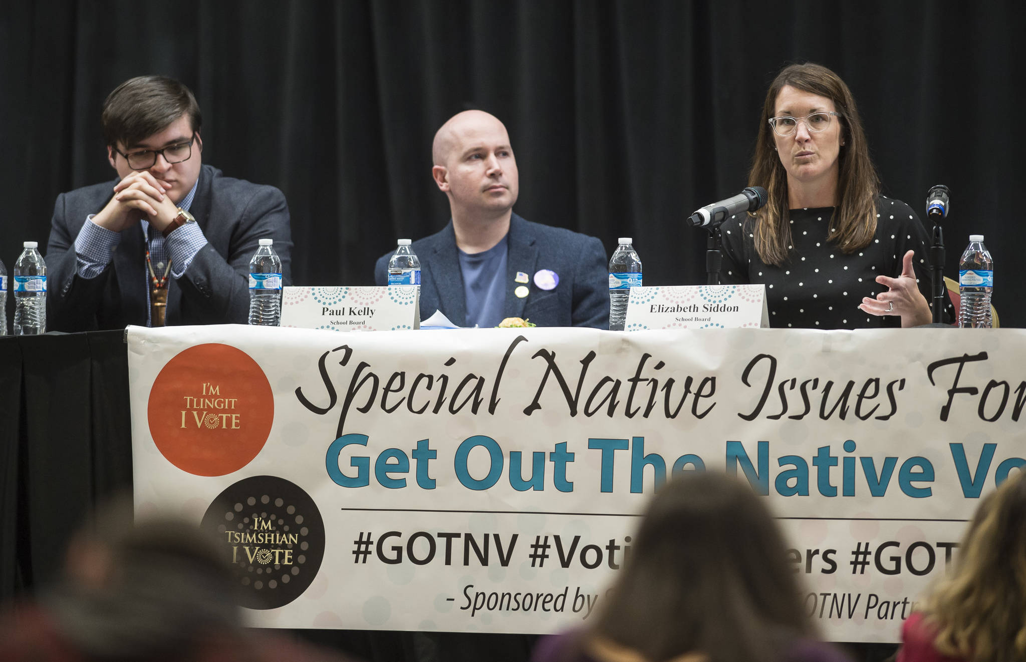 Juneau School Board candidates Kevin Allen, left, Paul Kelly, center, and Elizabeth Siddon answers questions during a Special Native Issues Forum at the Elizabeth Peratrovich Hall on Tuesday, Sept. 18, 2018. (Michael Penn | Juneau Empire)