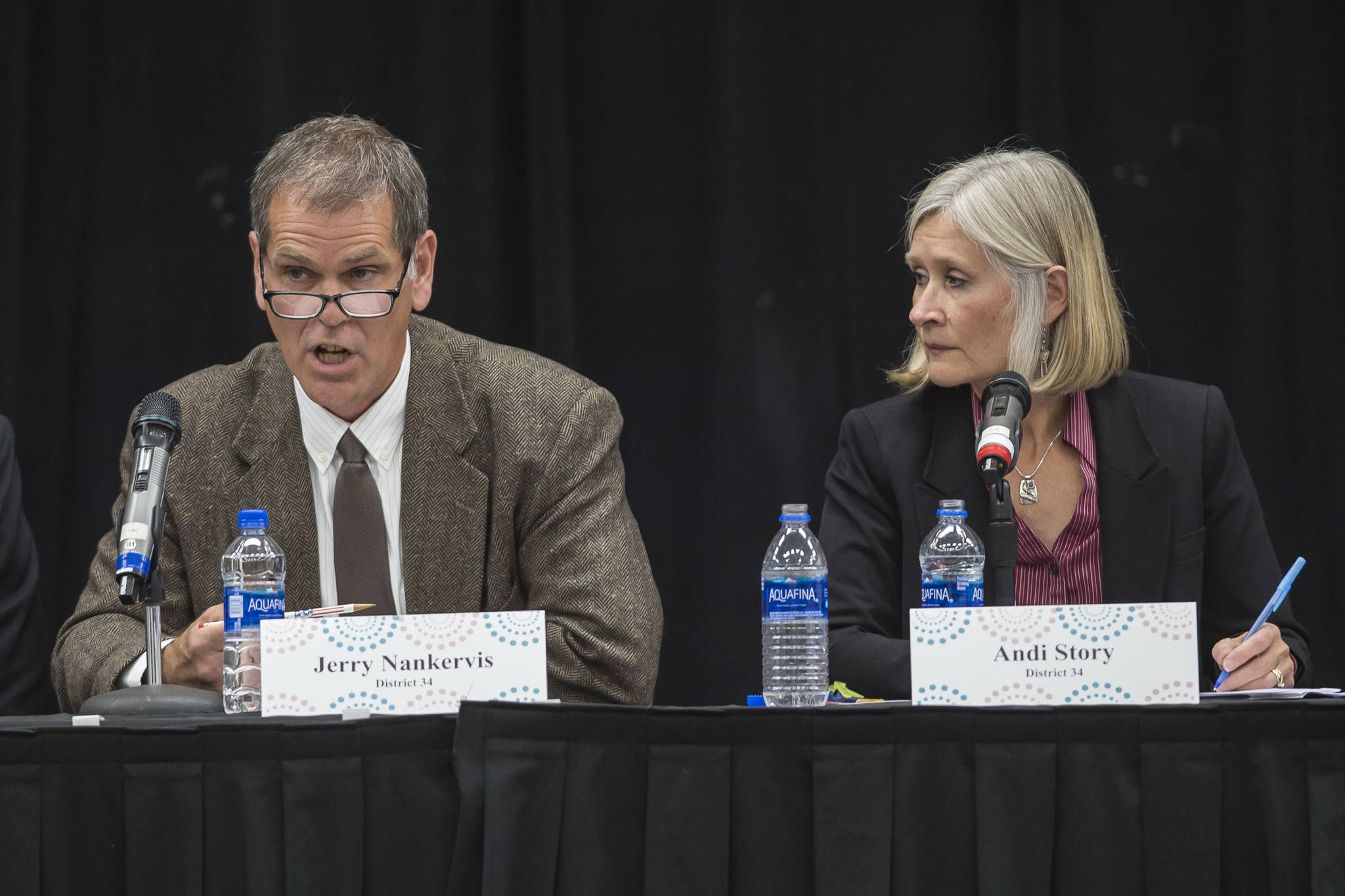 House District 34 candidates Jerry Nankervis, left, and Andi Story answers questions during the Native Issues Forum at the Elizabeth Peratrovich Hall on Tuesday, Sept. 25, 2018. (Michael Penn | Juneau Empire)