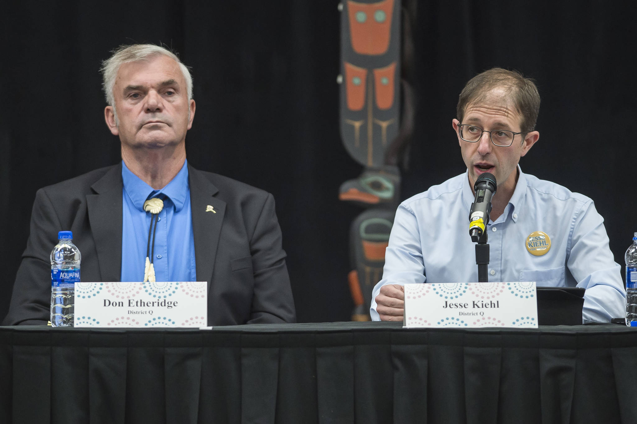 Senate District Q candidates Don Etheridge, left, and Jesse Kiehl answers questions during the Native Issues Forum at the Elizabeth Peratrovich Hall on Tuesday, Sept. 25, 2018. (Michael Penn | Juneau Empire)