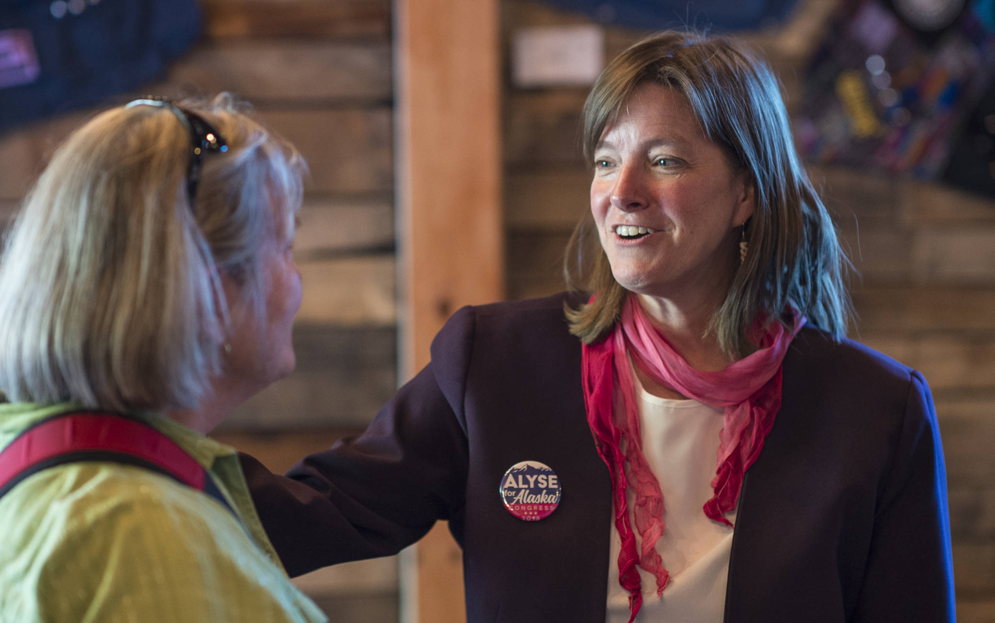Alyse Galvin, independent candidate for U.S. House of Representatives, right, speaks with Marilyn Orr during a “town-hall-style coffee and conversation” at 60 Degrees North Coffee and Tea on Friday, Sept. 14, 2018. Galvin is running against Republican incumbent Rep. Don Young. (Michael Penn | Juneau Empire)