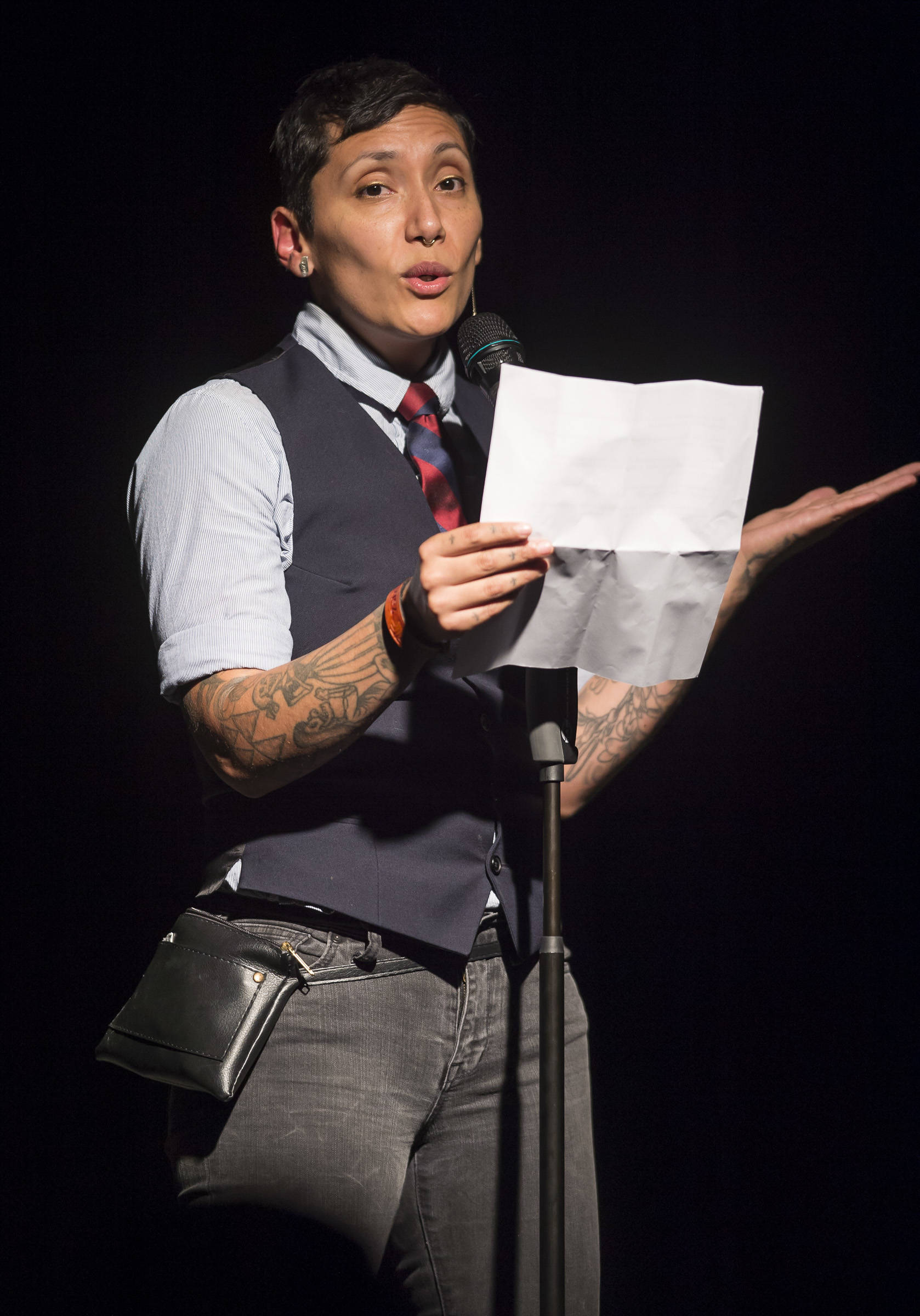 Fabian Romero performs at “You Don’t Have To Go Home, But You Can’t Stay Here” at the Elizabeth Peratrovich Hall on Monday, Sept. 24, 2018. (Michael Penn | Juneau Empire)