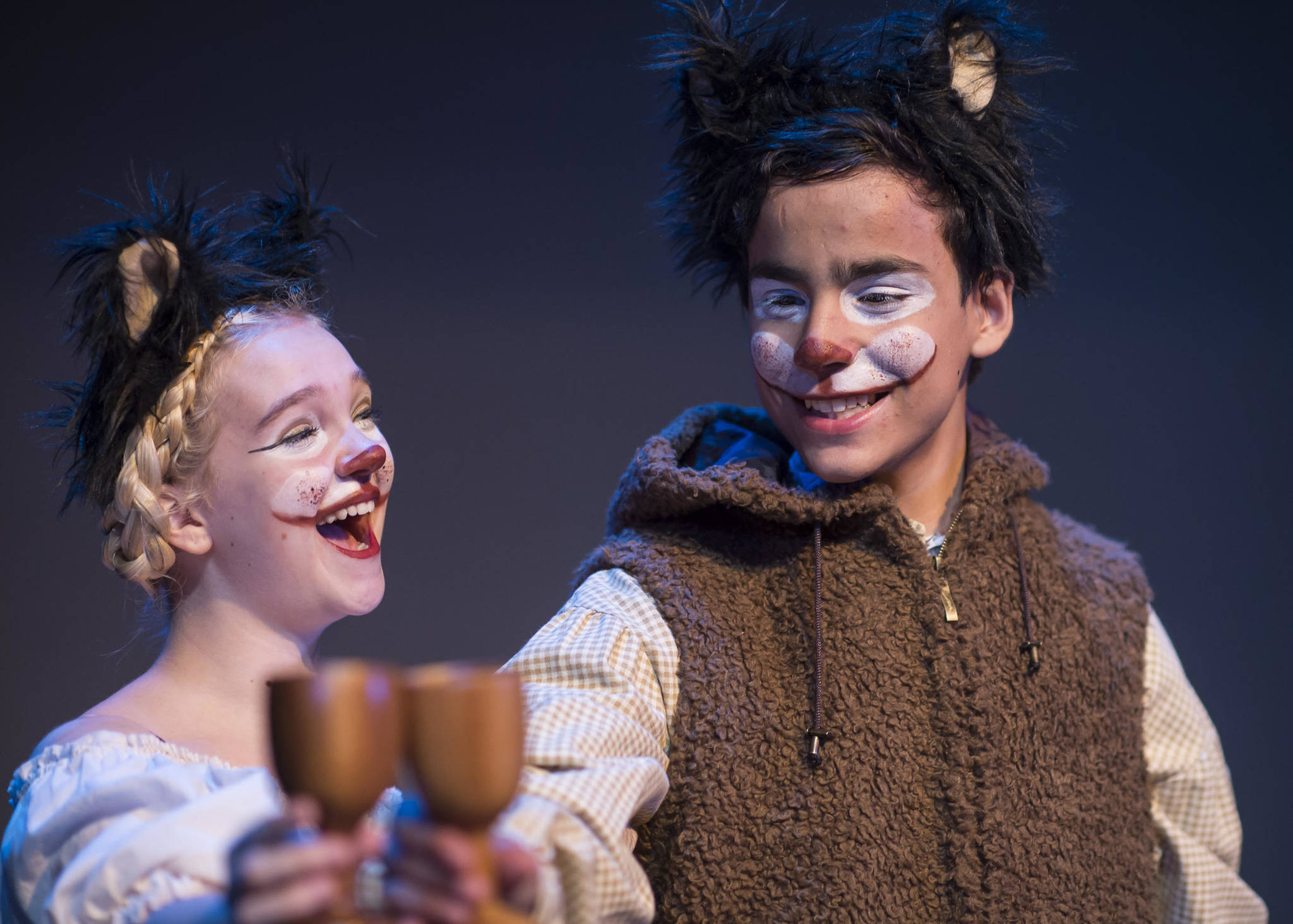 Olivia Bolin, left, and Tony Rivera rehearse in the Thunder Mountain High School production of “The Lion, the Witch and the Wardrobe” at TMHS on Friday, Sept. 28, 2018. (Michael Penn | Juneau Empire)