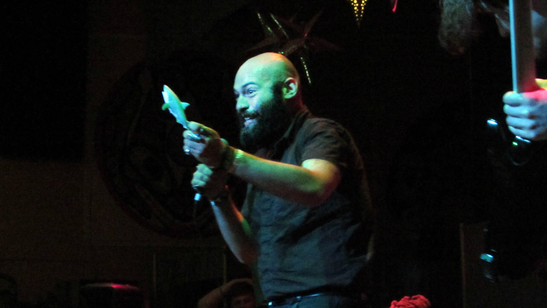 Seth Santana, vocalist for Before You’re Nothing, holds up a plastic shark during the Fall Freakshow metal concert at the JACC. The toy shortly thereafter was tossed into the audience. (Ben Hohenstatt | Capital City Weekly)