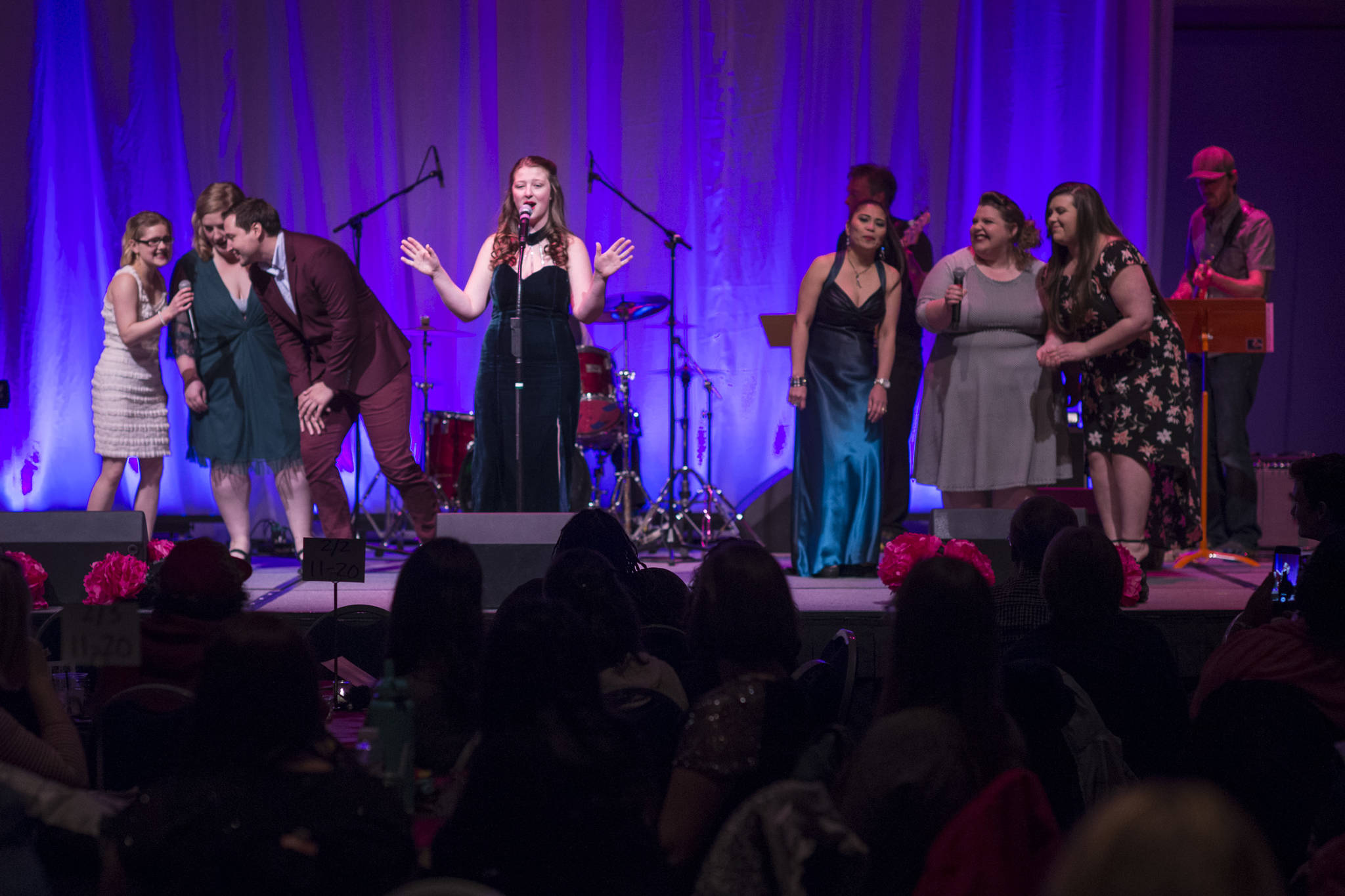Contestants sing an opening number at Juneau Lyric Opera’s production of “Who’s Your Diva?” at Centennial Hall on Saturday, Sept. 29, 2018. (Michael Penn | Juneau Empire)