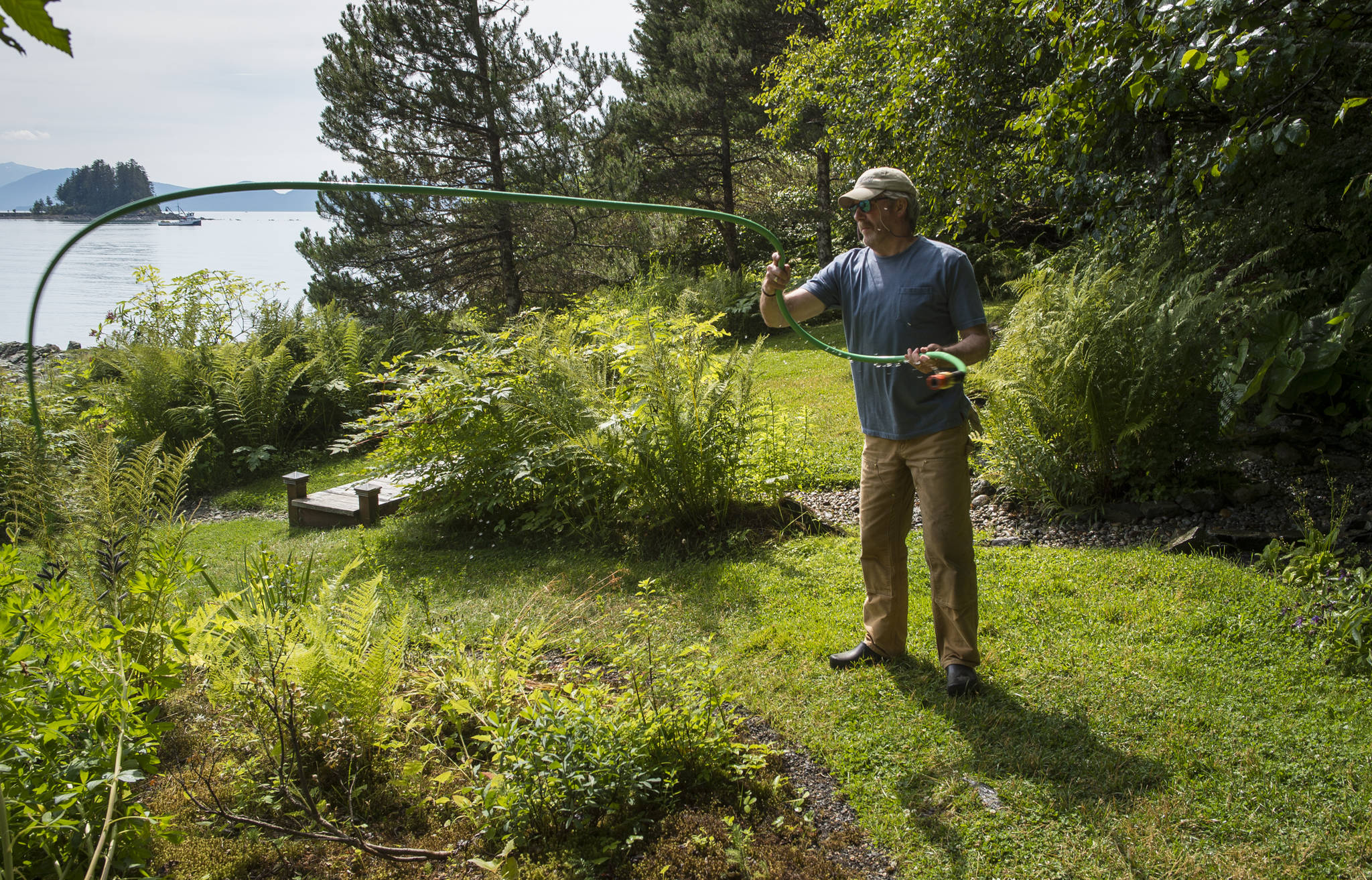 Merrill Jensen, Director & Horticulturist for the Jensen-Olson Arboretum, moves a watering hose on Wednesday, July 25, 2018. During dry spells Jensen has to move the watering hose every two to four hours around the clock. It takes four days to water the entire garden. (Michael Penn | Juneau Empire)