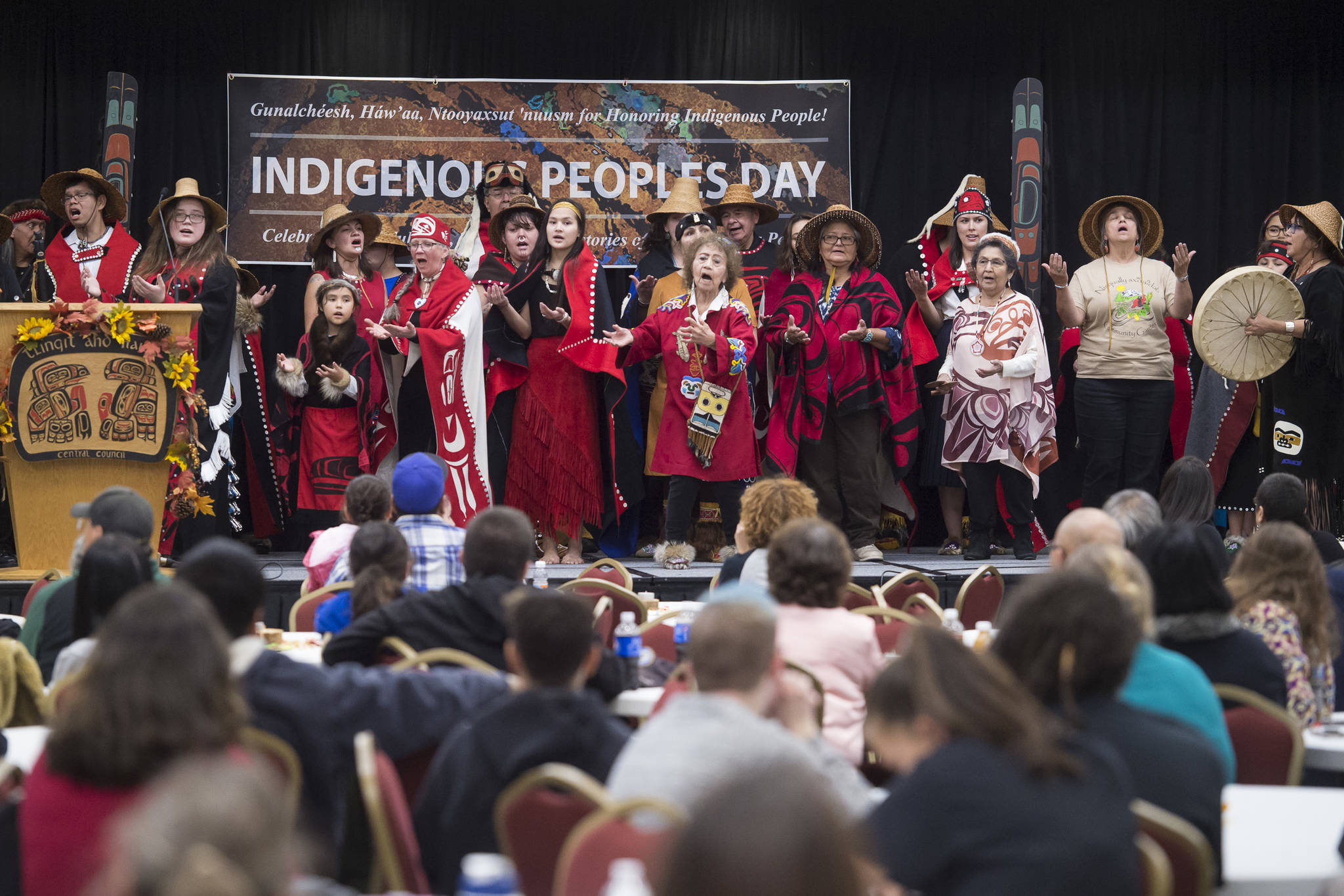The Yees Ku Oo Dancers perform on stage during Indigenous Peoples Day celebrations at the Elizabeth Peratrovich Hall on Monday, Oct. 8, 2018. (Michael Penn | Juneau Empire)