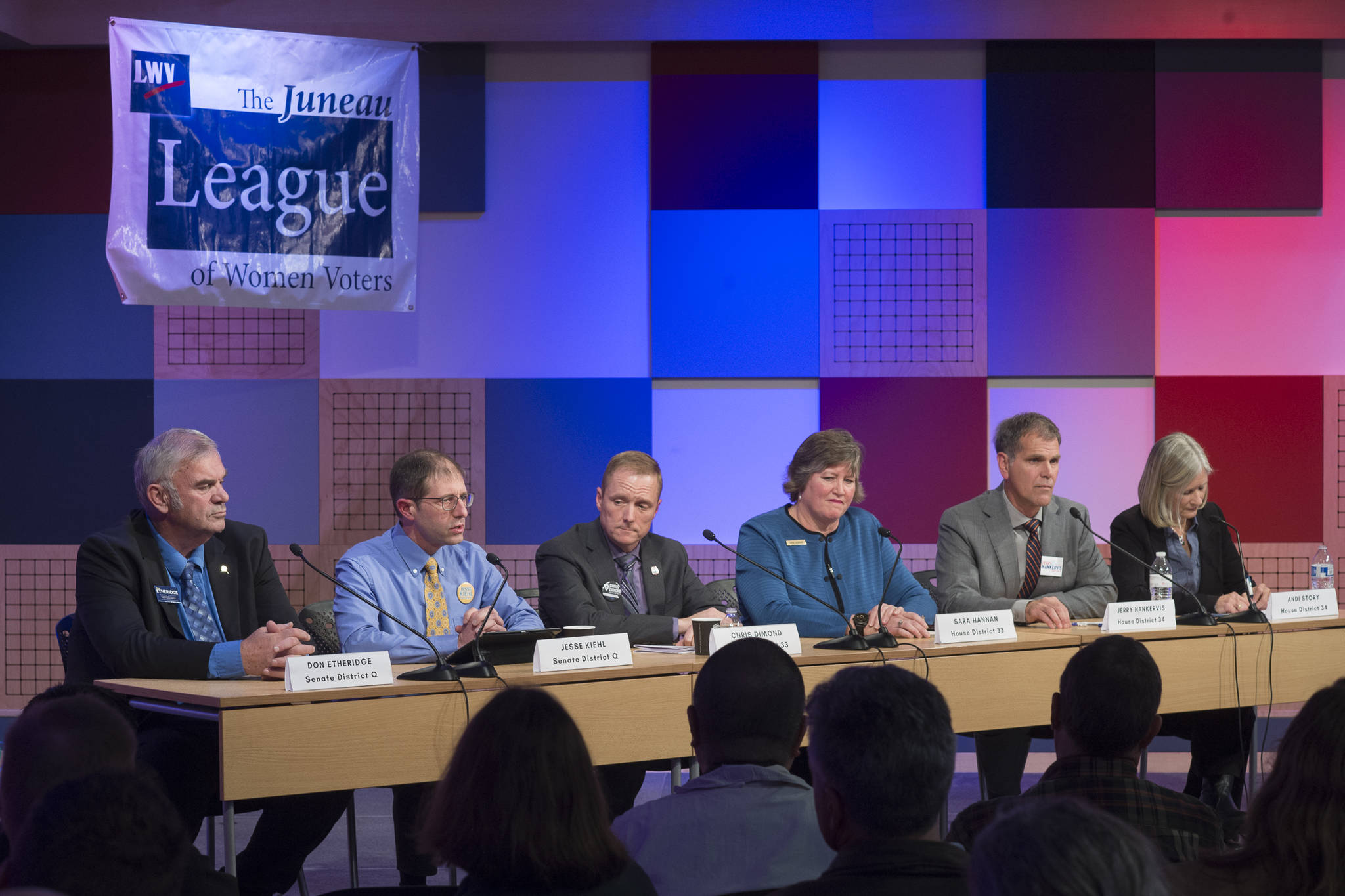 Legislative candidates answer questions during a forum sponsored by the Juneau Empire, along with the League of Women Voters of Juneau, Juneau Votes! and KTOO at KTOO on Tuesday, Oct. 9, 2018. From left: Senate District Q candidates Don Etheridge and Jesse Kiehl, House District 33 candidates Chris Dimond and Sara Hannan and House District 34 candidates Jerry Nankervis and Andi Story. (Michael Penn | Juneau Empire)
