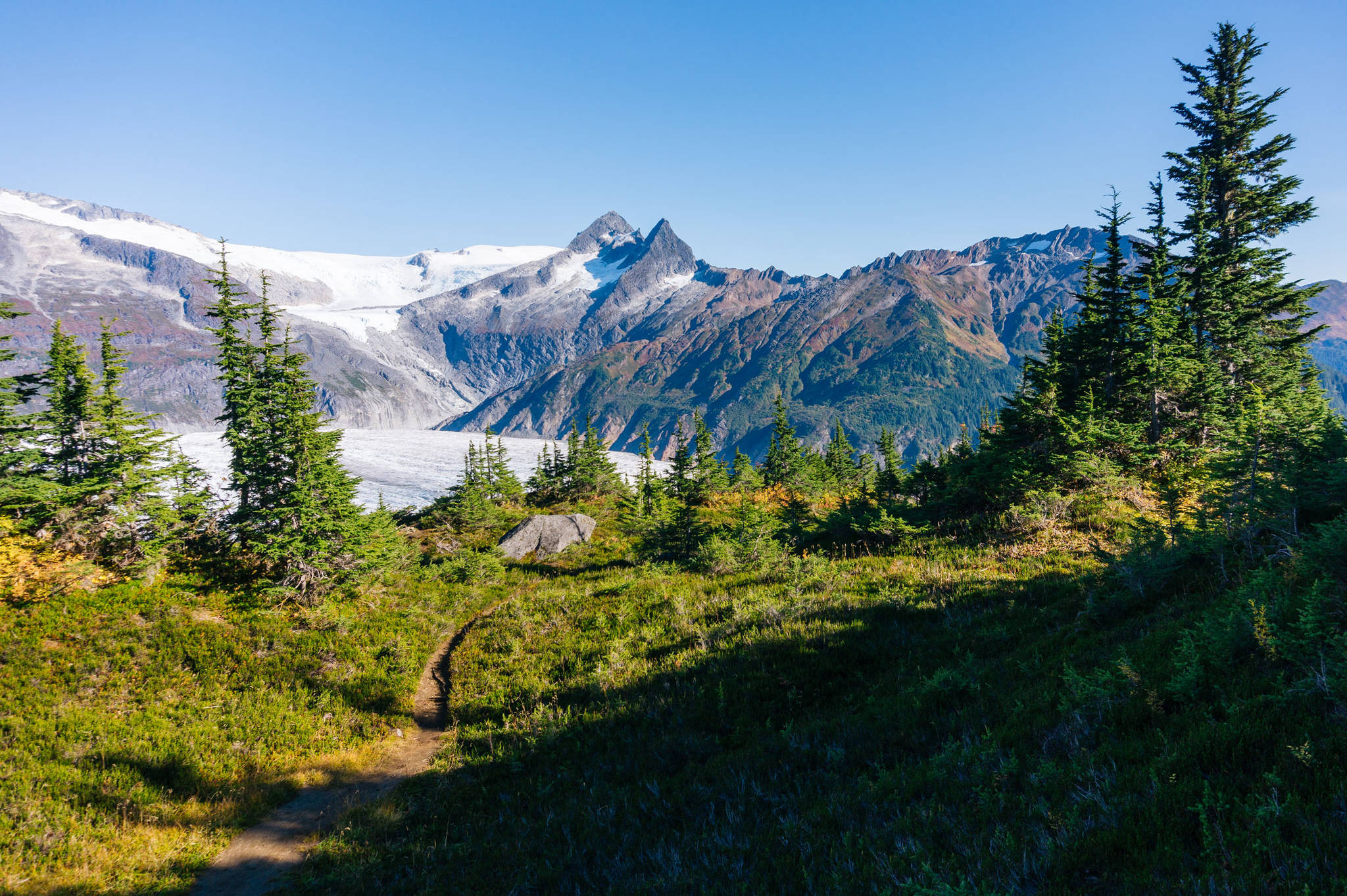 A view of the the Nugget Towers off in the distance from Mt. McGinnis trail. (Gabe Donohoe | For Juneau Empire)