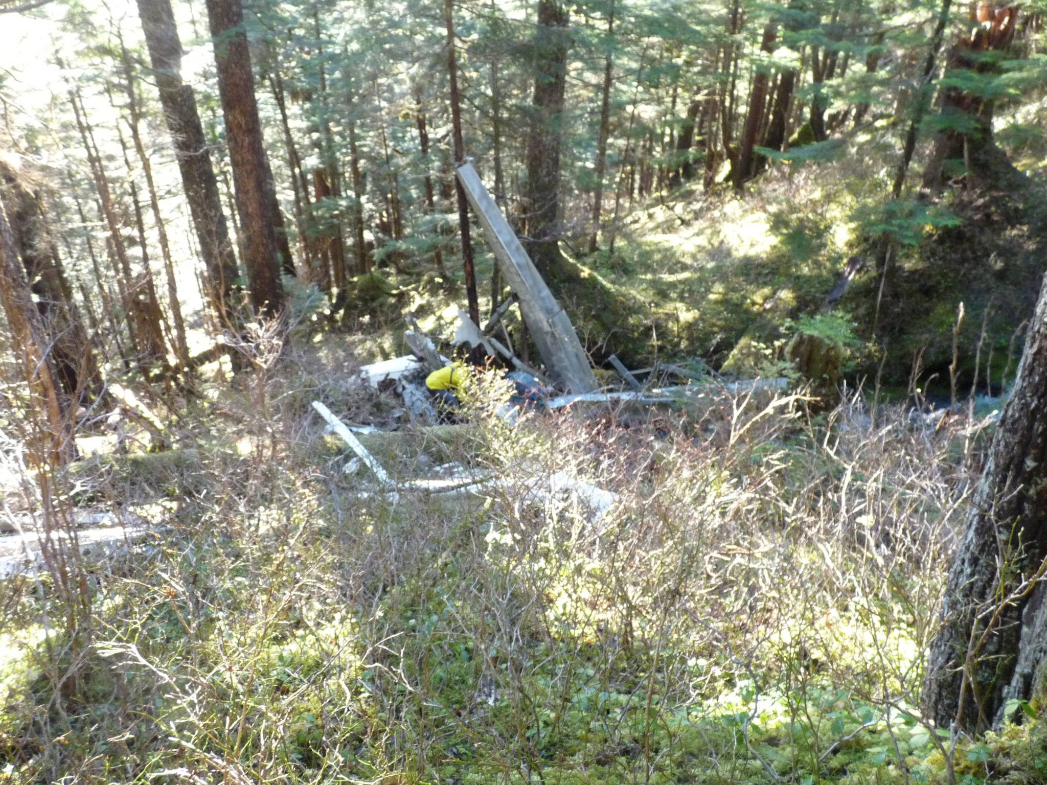 Investigators in October 2017 examine the wreckage of a Cessna 182 airplane that went missing just south of Juneau in 2008. The plane remained undiscovered until it was discovered by a deer hunter. (Alaska State Troopers | Courtesy photo)