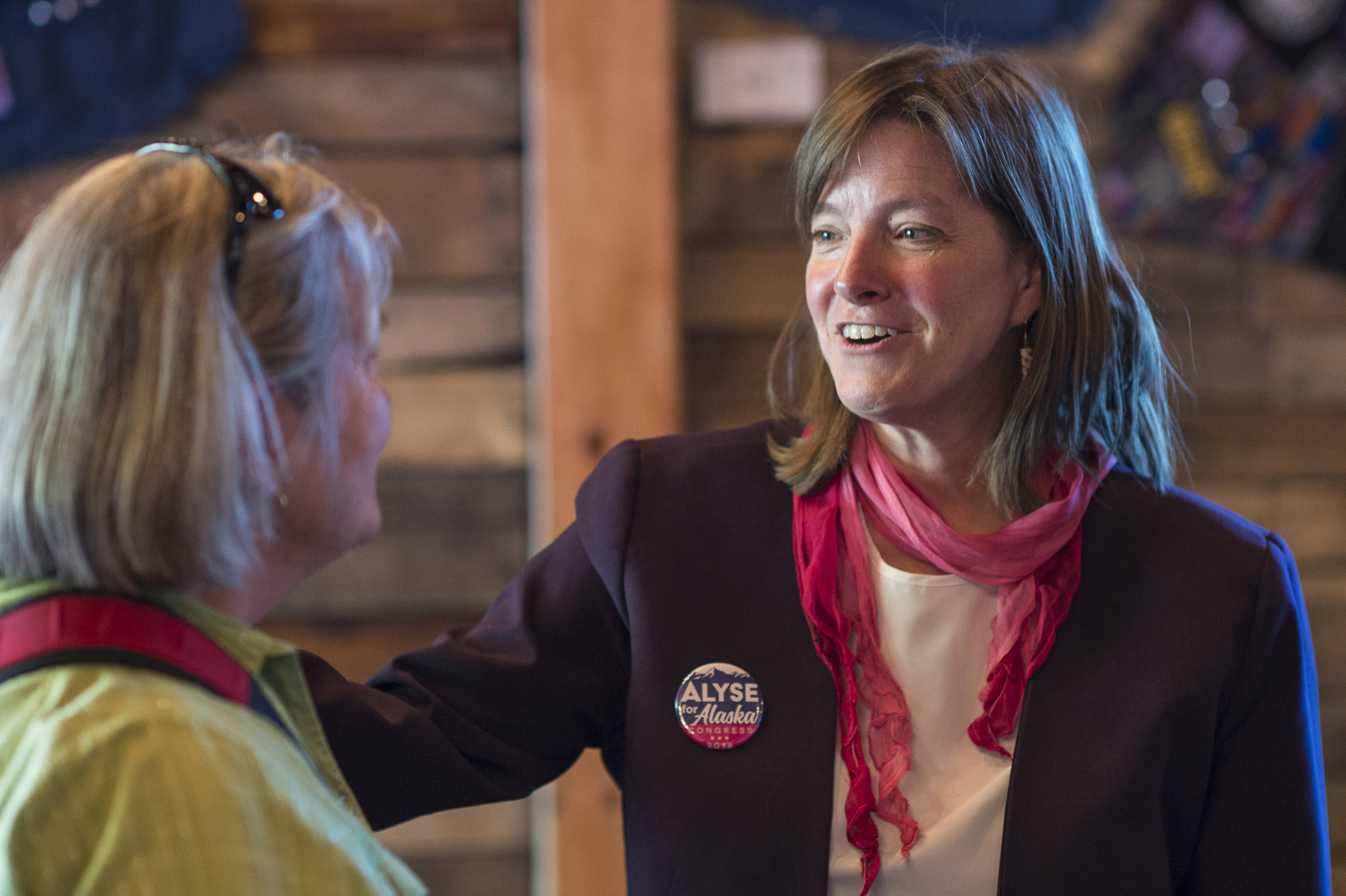 Alyse Galvin, indpendent candidate for U.S. House of Representatives, right, speaks with Marilyn Orr during a “town-hall-style coffee and conversation” at 60 Degrees North Coffee and Tea on Friday, Sept. 14, 2018. Galvin is running against Republican incumbent Rep. Don Young. (Michael Penn | Juneau Empire)