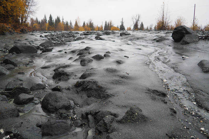 A mudslide covers the Haines Highway north of Klukwan on Sunday, Oct. 14, 2018 in this photo provided by the Alaska Department of Transportation and Public Facilities. The first significant storm of the fall brought heavy rain that triggered mudslides that blocked the highway for several hours. The highway reopened before Monday. (Lynette Campbell | Courtesy photo)