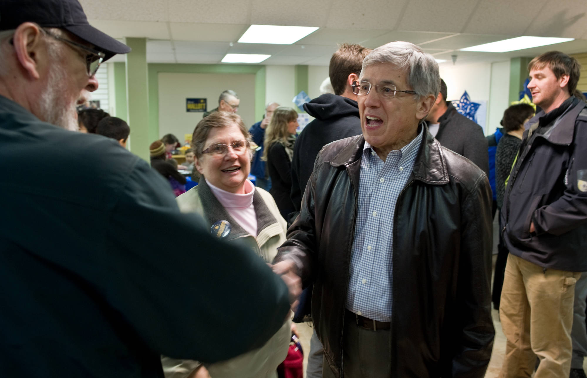 Alaska Democratic gubernatorial candidate Byron Mallott greets Loren and LaRae Jones at the opening of his new campaign office on Seward Street on Friday. The office is to be open during the legislative session and will host family activities during First Friday events until the elections.