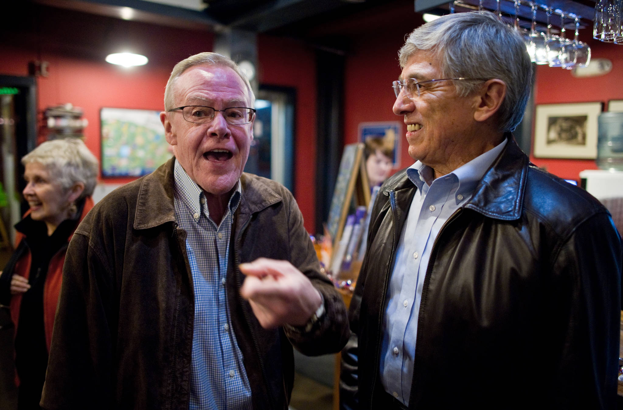 Sen. Dennis Egan, left, speaks with lieutenant gubernatorial candidate Byron Mallott at the Silverbow as they wait for election results.