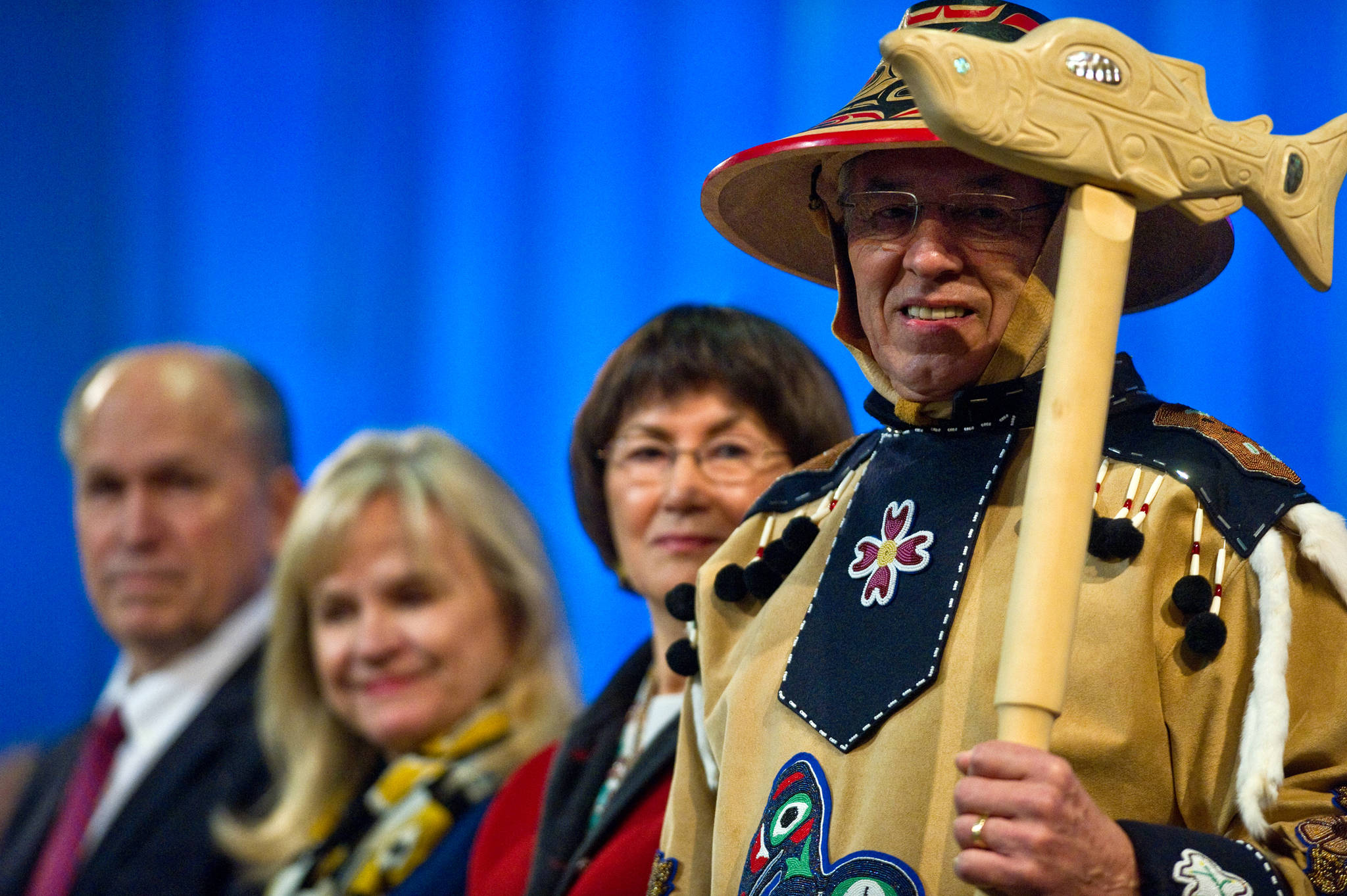 Lt. Gov. Byron Mallott, right, his wife, Toni, Gov. Bill Walker and his wife, Donna, watch the Mt. St. Elias Dancers during the inauguration ceremony at Centennial Hall on Monday.