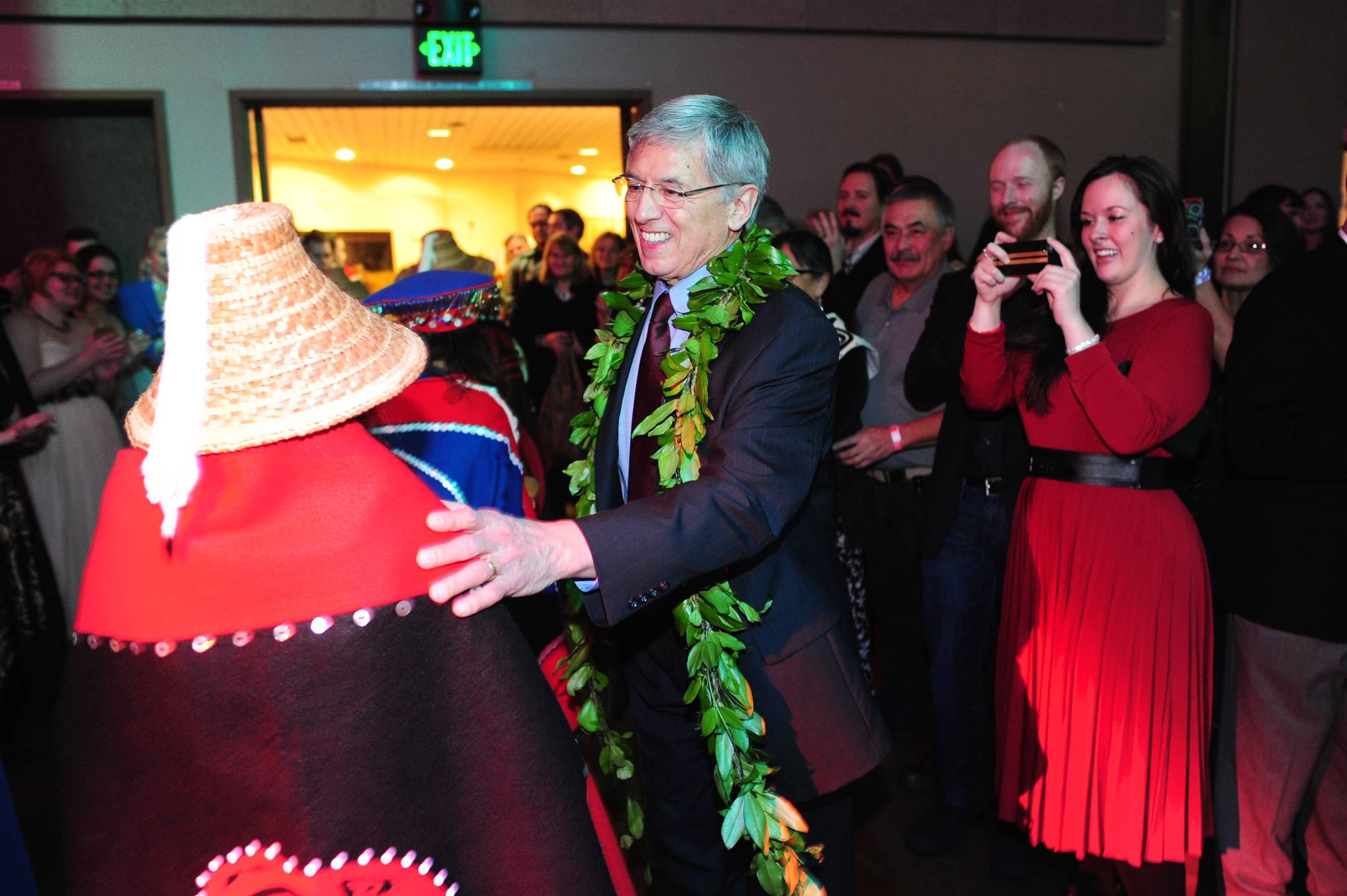 Lt. Gov. Byron Mallott, thanks dancers with the Yees Ku Oo Dancers as they leave Centennial Hall’s Sheffield Ballroom during the Inaugural Gala.