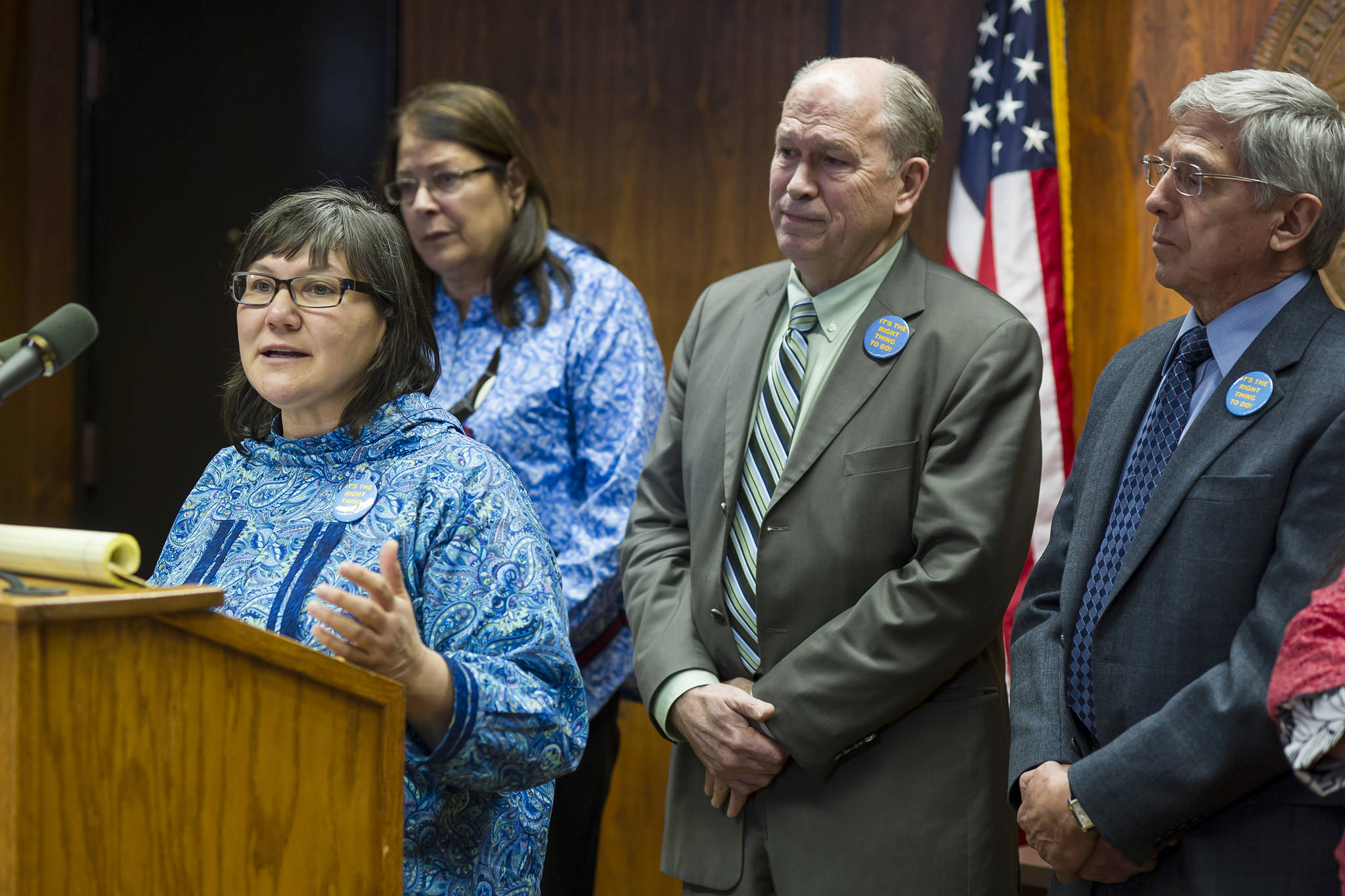 Valerie Davidson, Commissioner of the Department of Health and Social Services, left, speaks during a press conference with Gov. Bill Walker, center, and Lt. Gov. Byron Mallott in April 2015. Mallott resigned Tuesday over “inappropriate comments” he made. Davidson was sworn in as Lieutenant Governor.