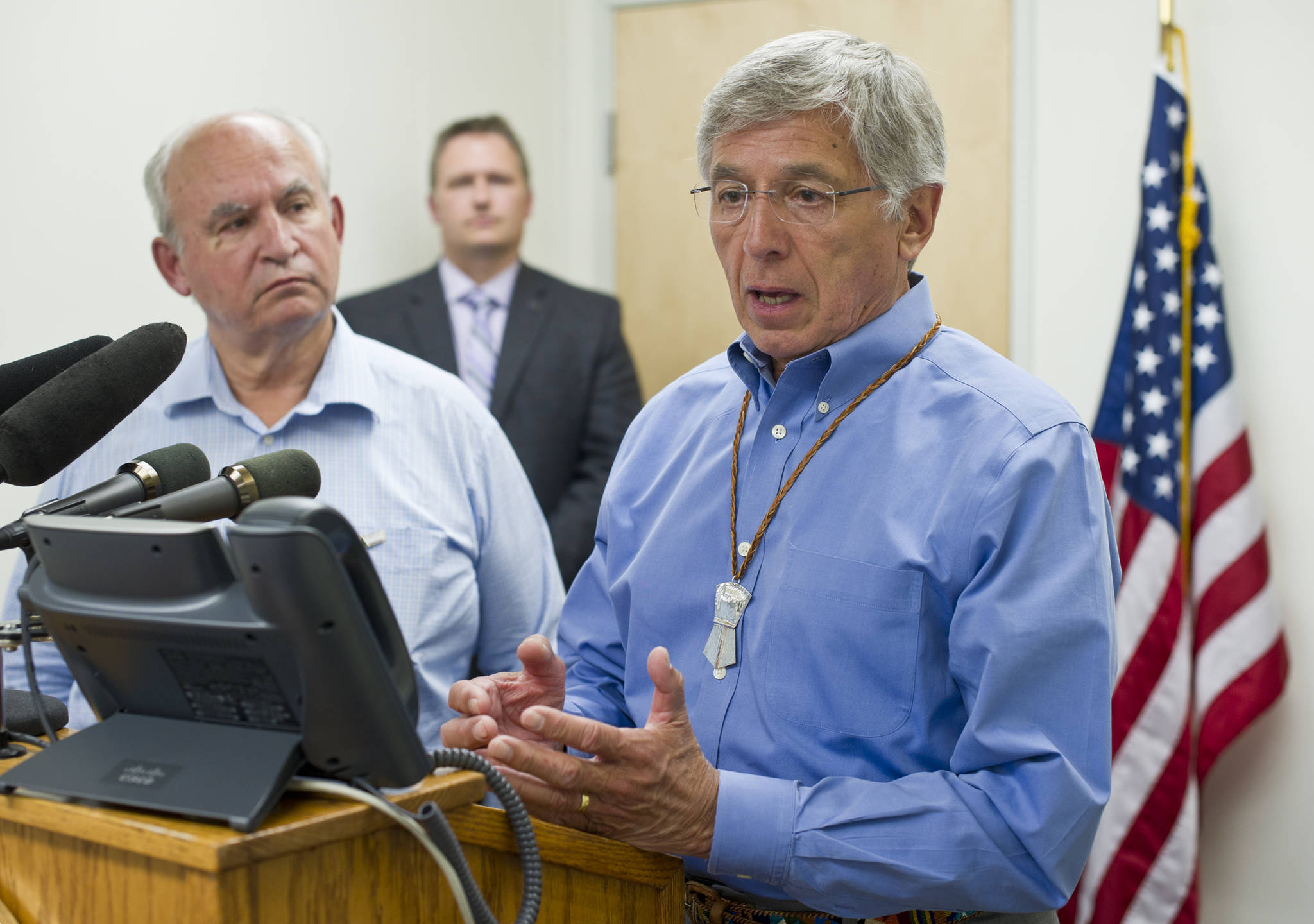 Lt. Gov. Byron Mallott, right, and British Columbia Minister of Energy and Mines Bill Bennett hold a press conference about their meetings on tranboundary mining concerns.